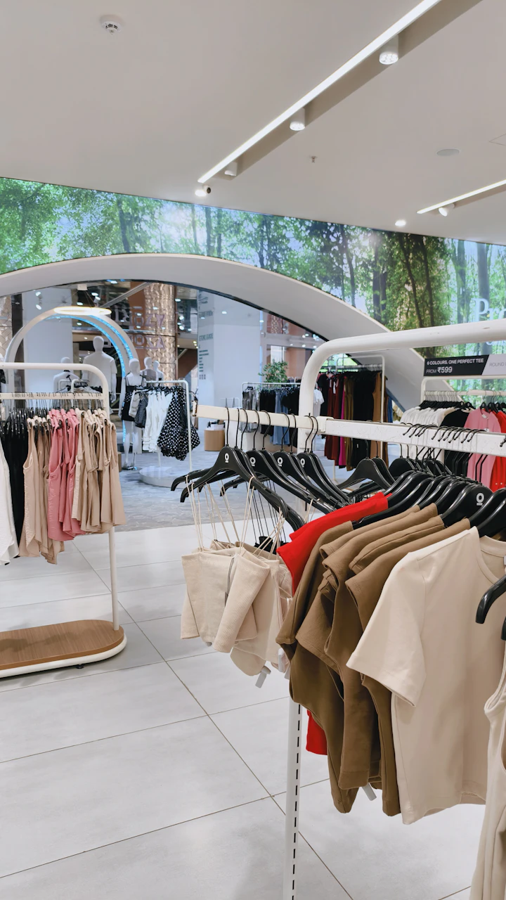 Clothing racks with various shirts and tops in a bright retail store