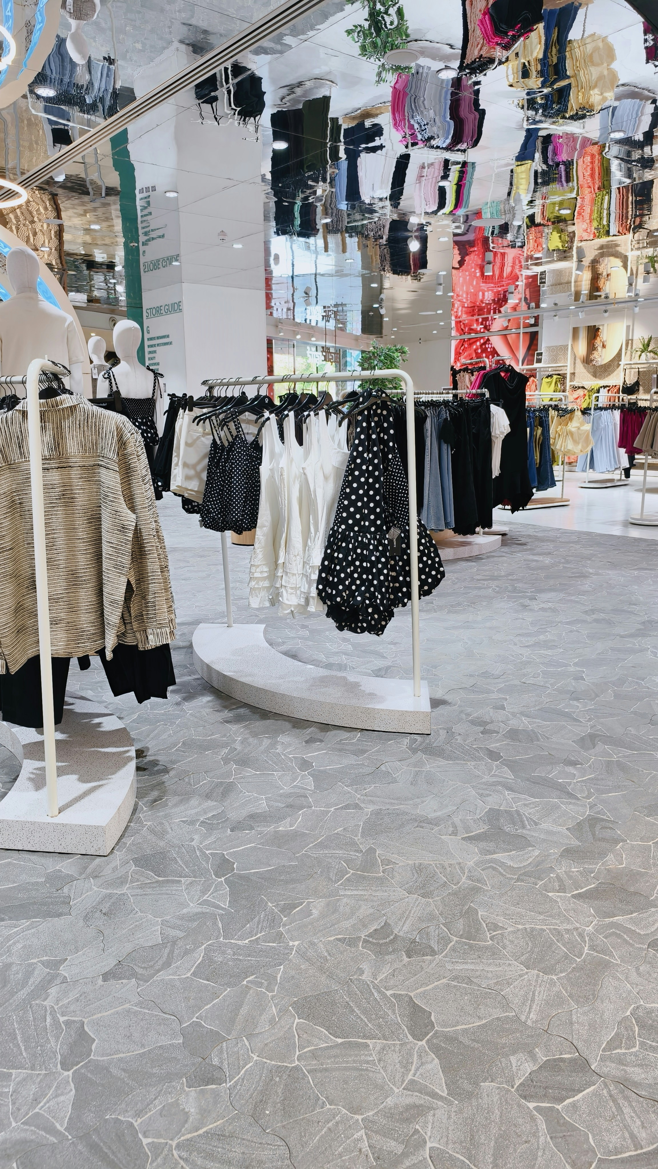 Clothing racks with polka dot and white tops in a modern retail store