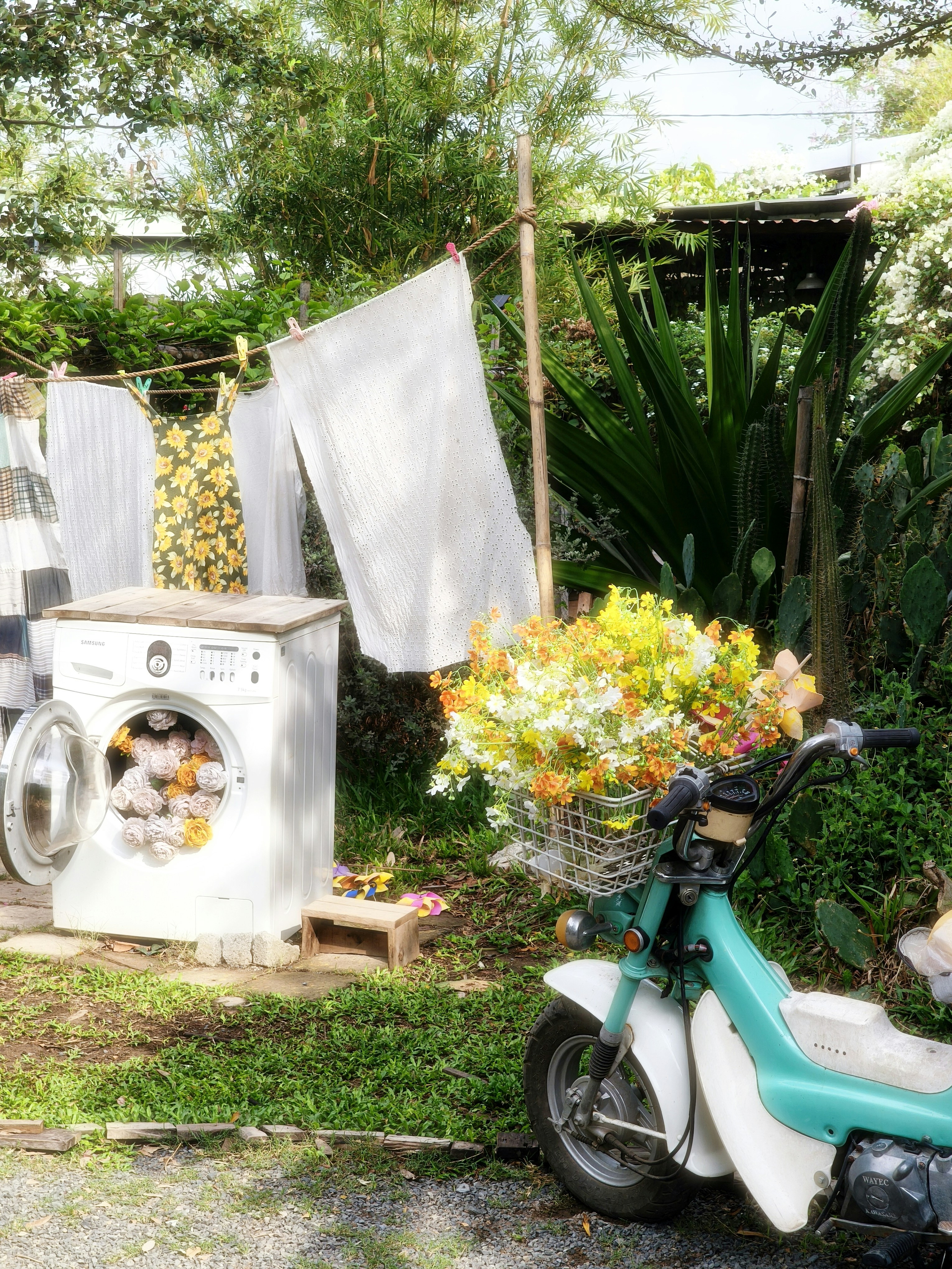 A washing machine filled with flowers beside a moped in a lush garden