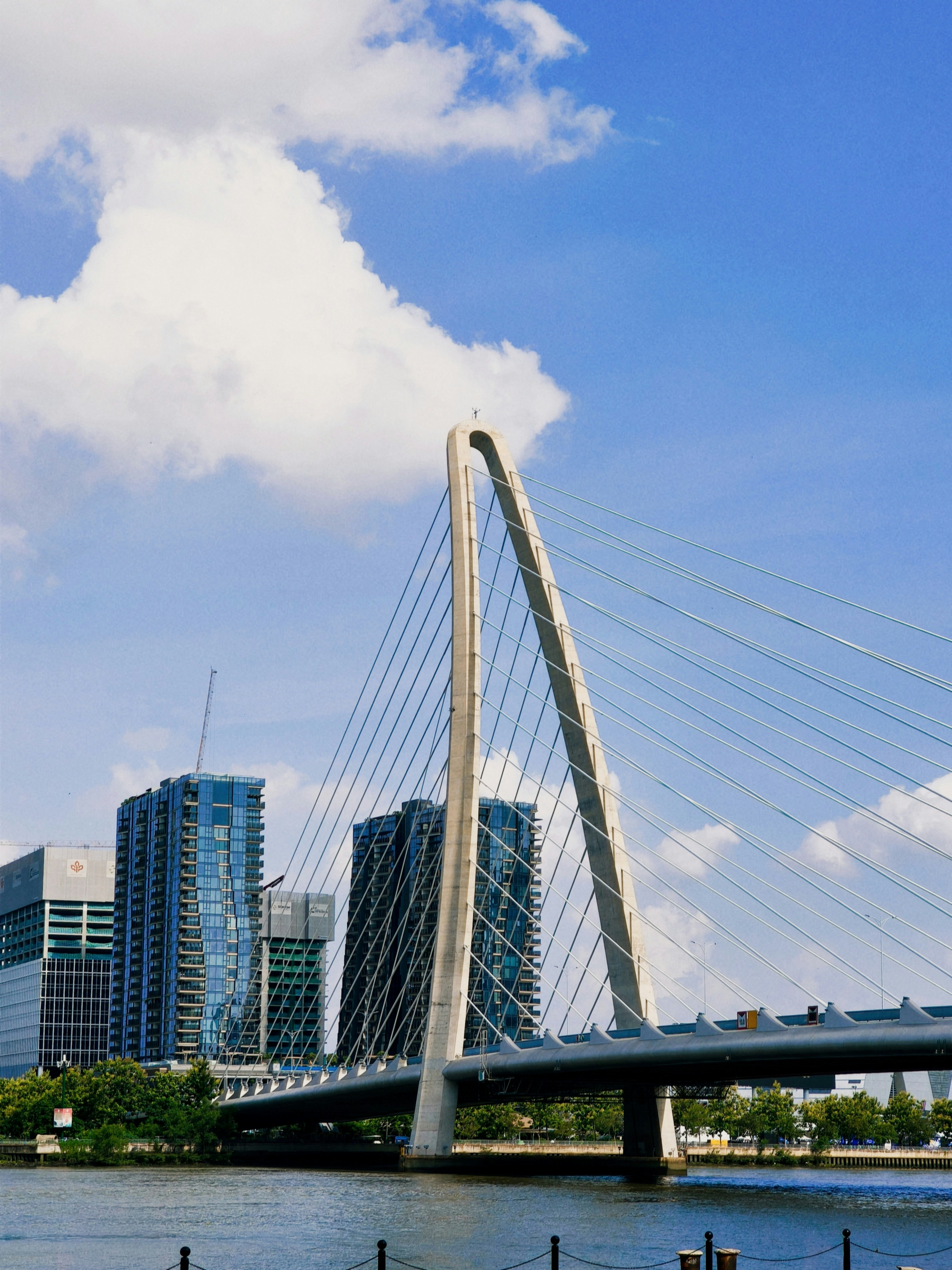 The Kurilpa Bridge with its white cable-stayed structure over the Brisbane River