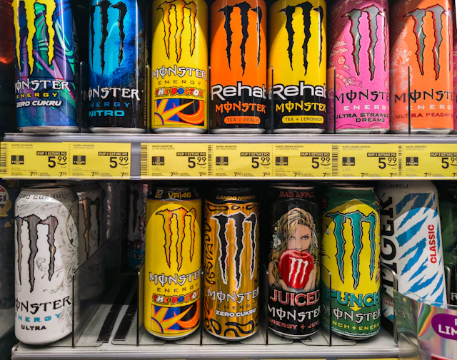 Rows of energy drink cans on shop shelves
