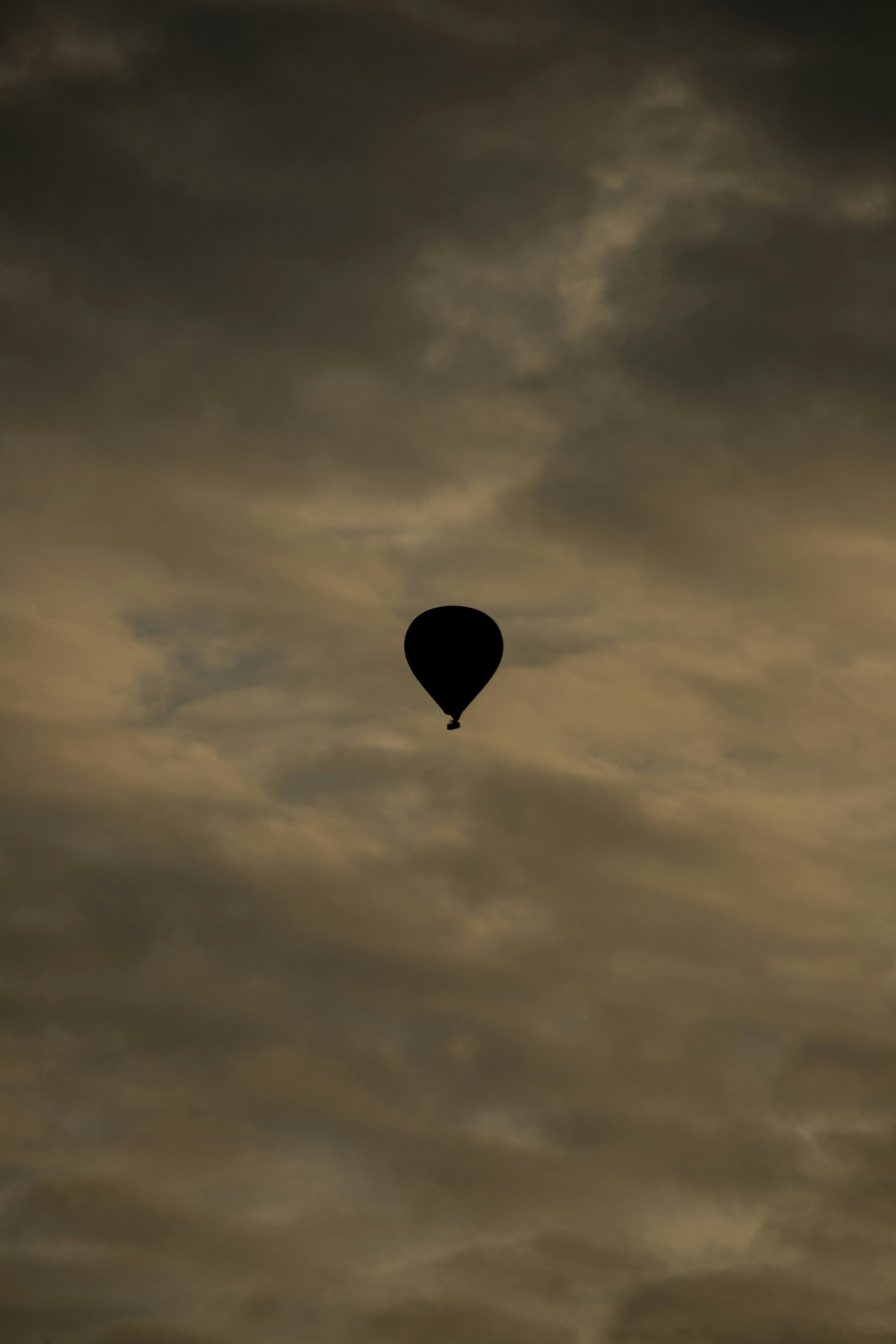 A hot air balloon in silhouette against a cloudy grey sky