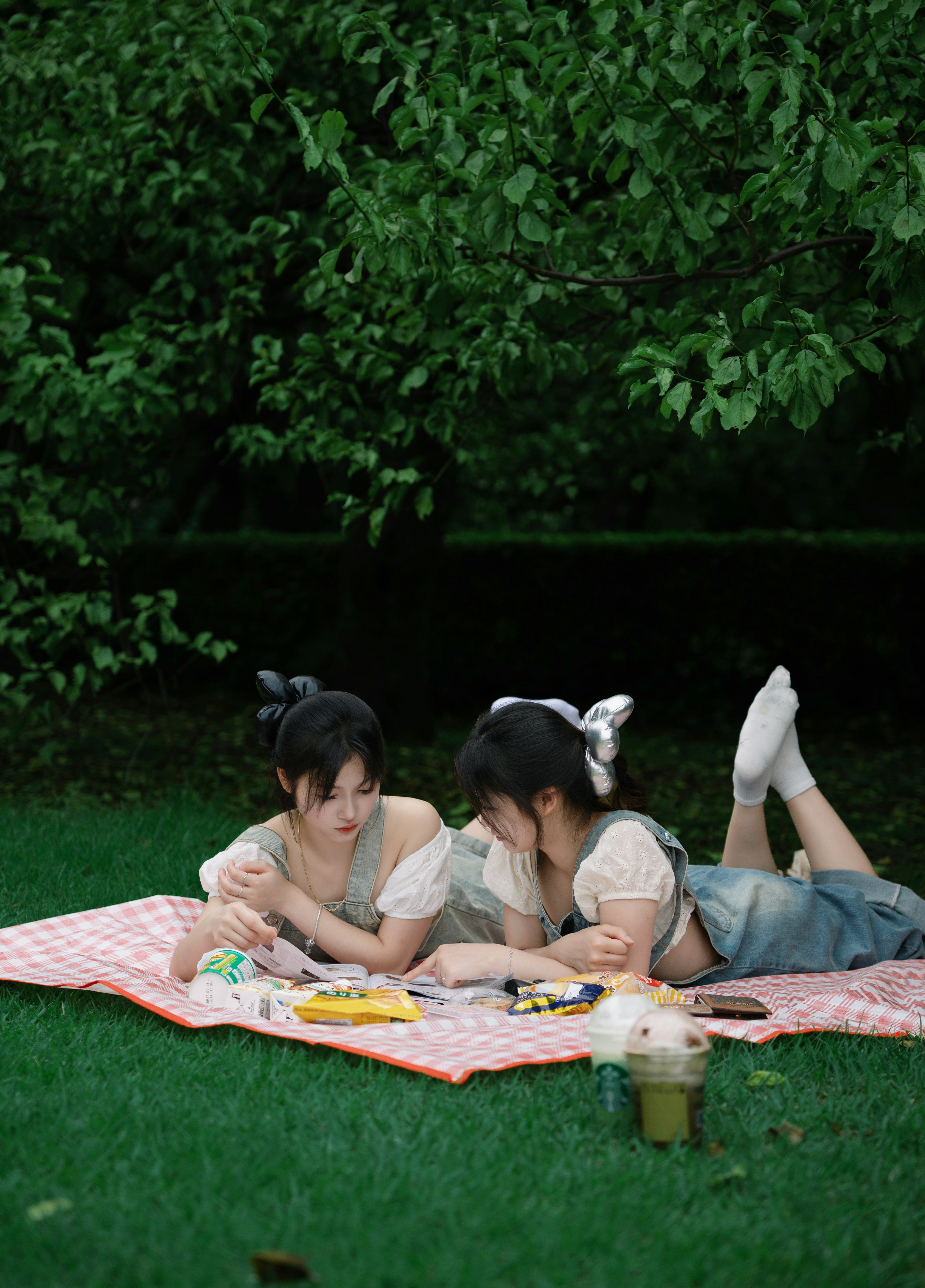 Two people in denim overalls lying on a checkered picnic blanket in a park