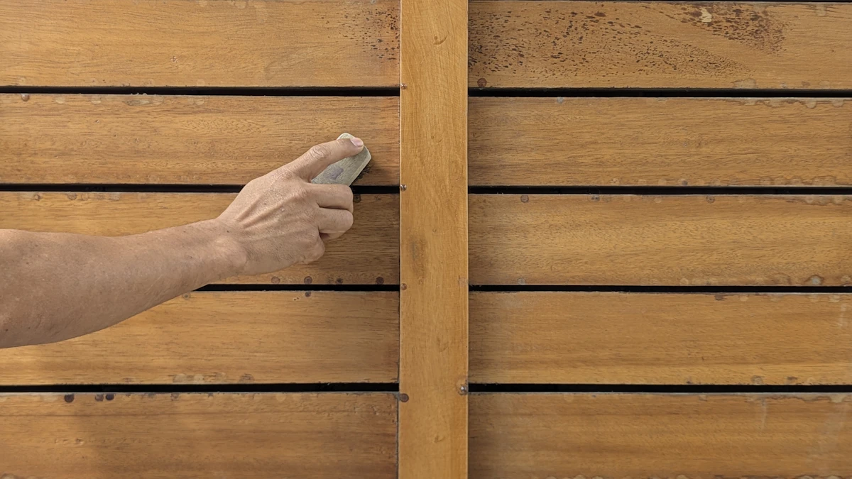 Sanding a weathered board on a horizontal slat fence