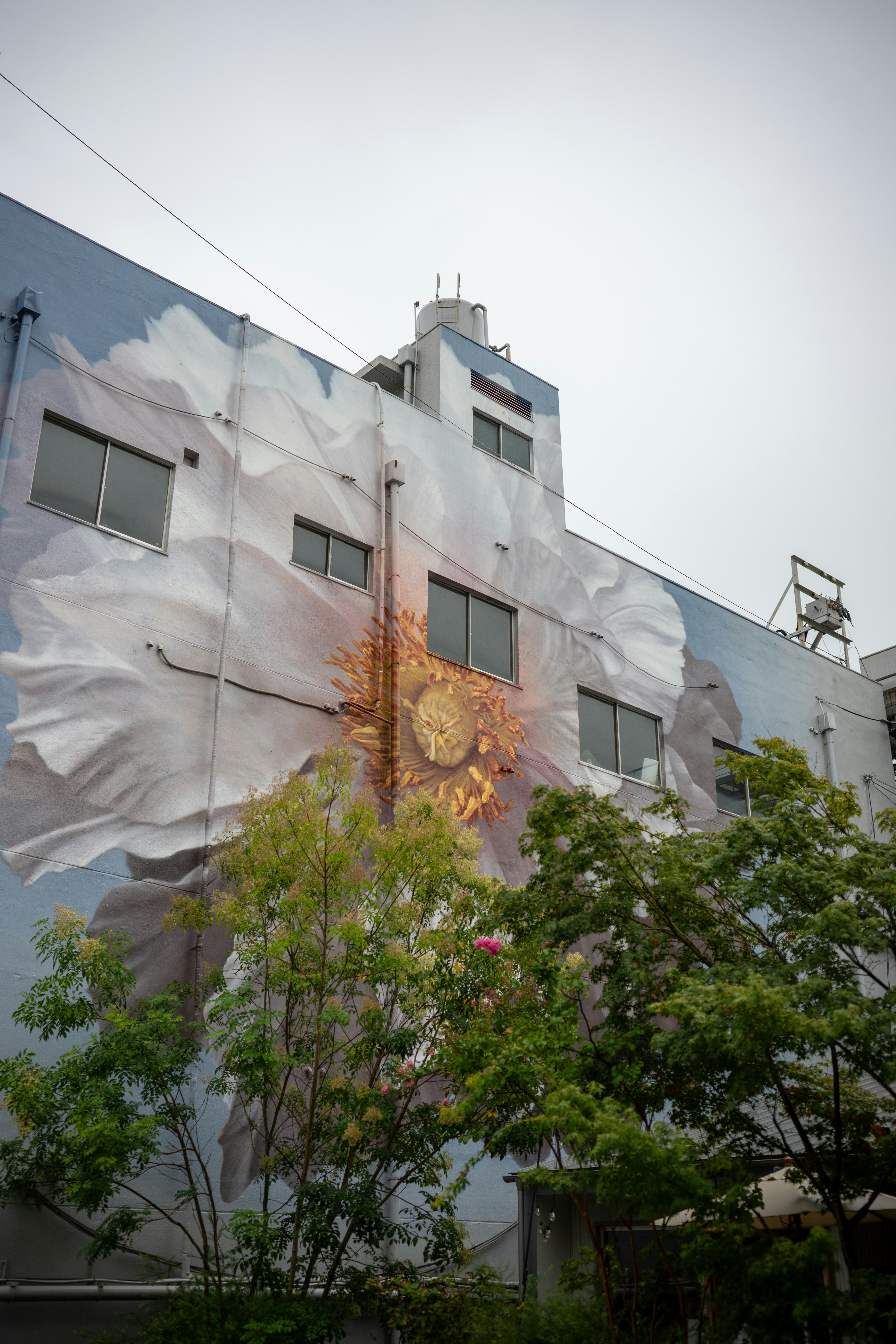 A large floral mural painted on the side of a multi-story building