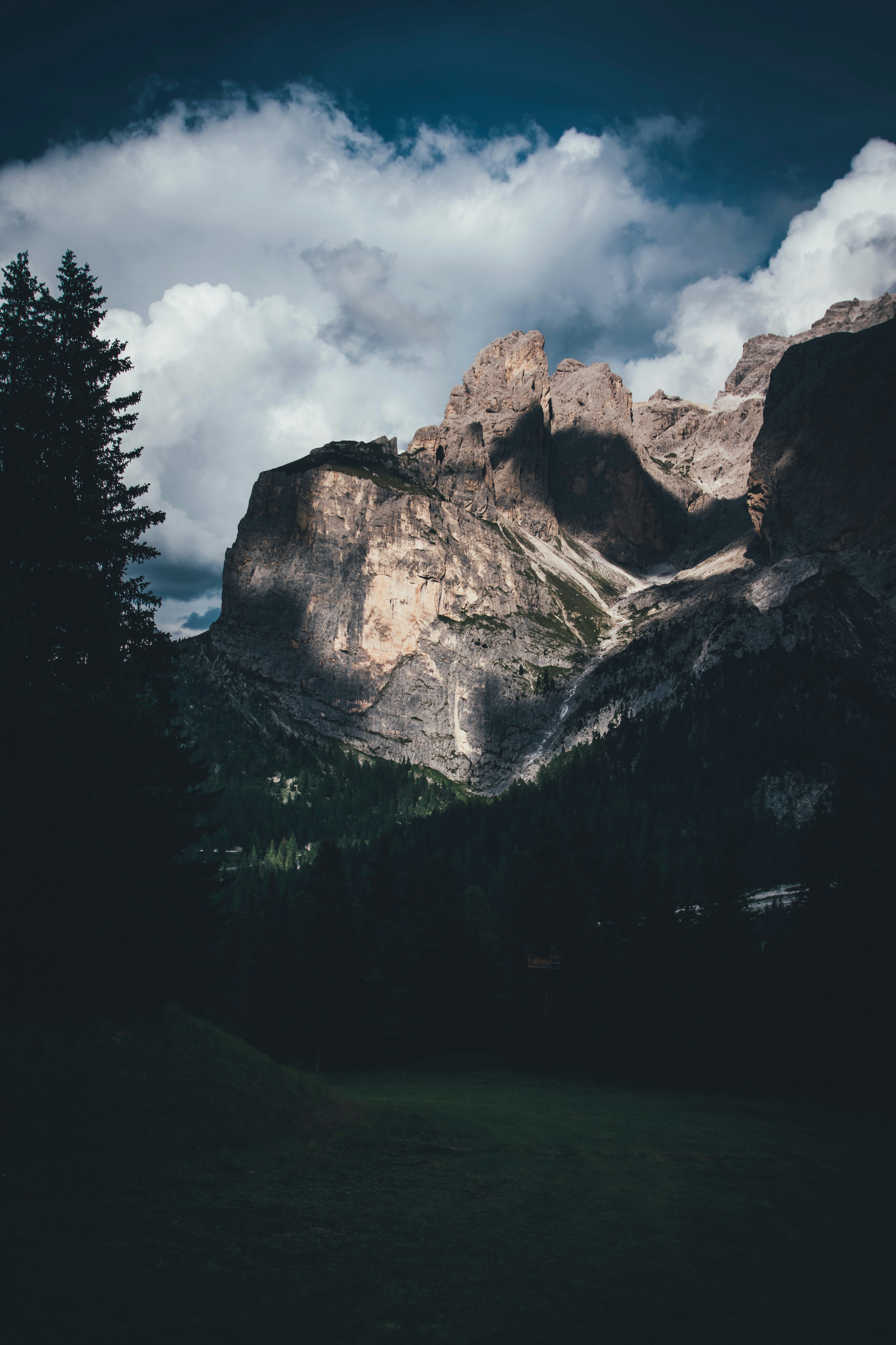 Ein felsiger Berggipfel, der sich über einen dunklen Kiefernwald unter wolkigem Himmel erhebt