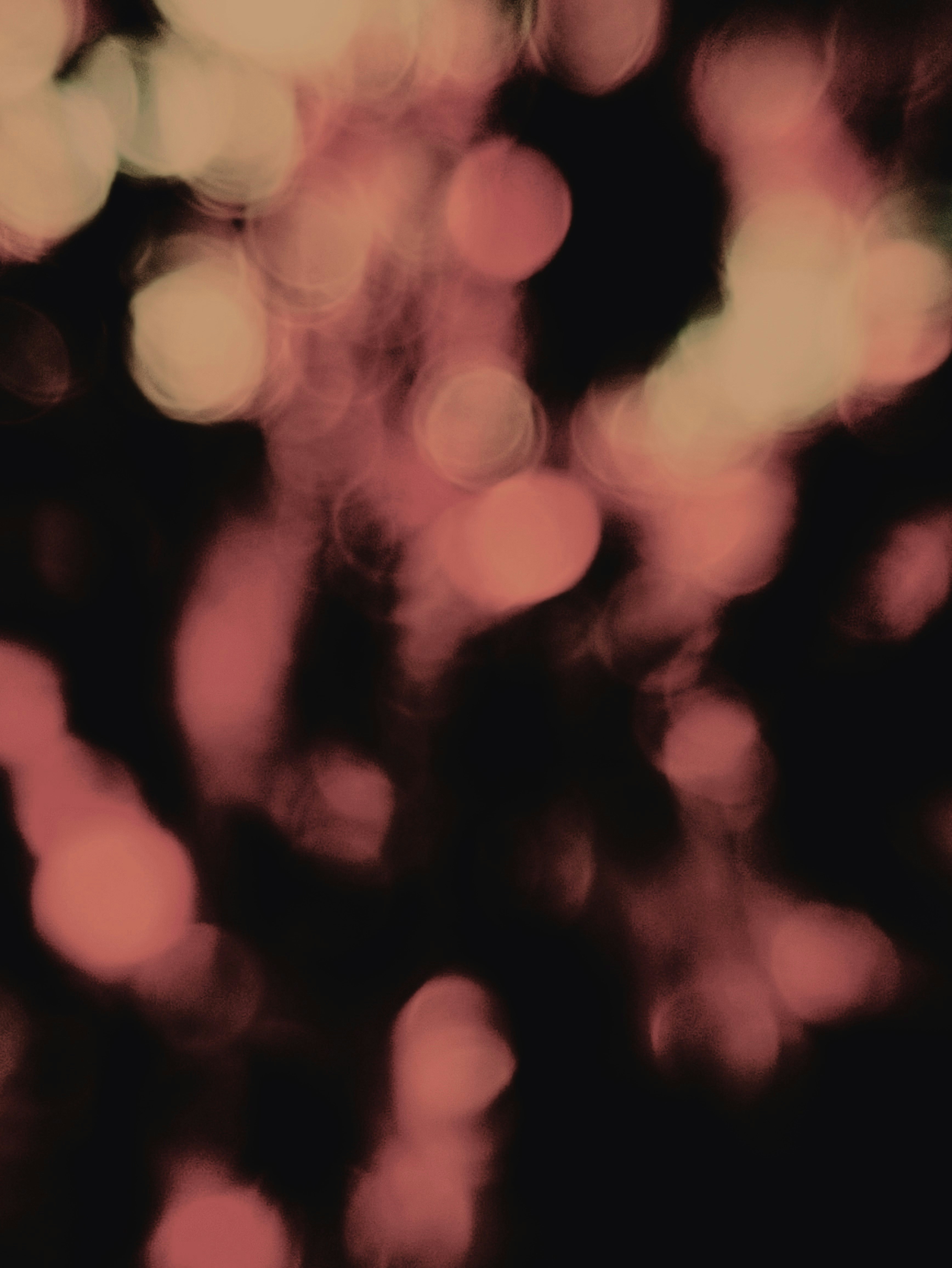 Cerchi bokeh rosa e giallo tenui su uno sfondo nero scuro