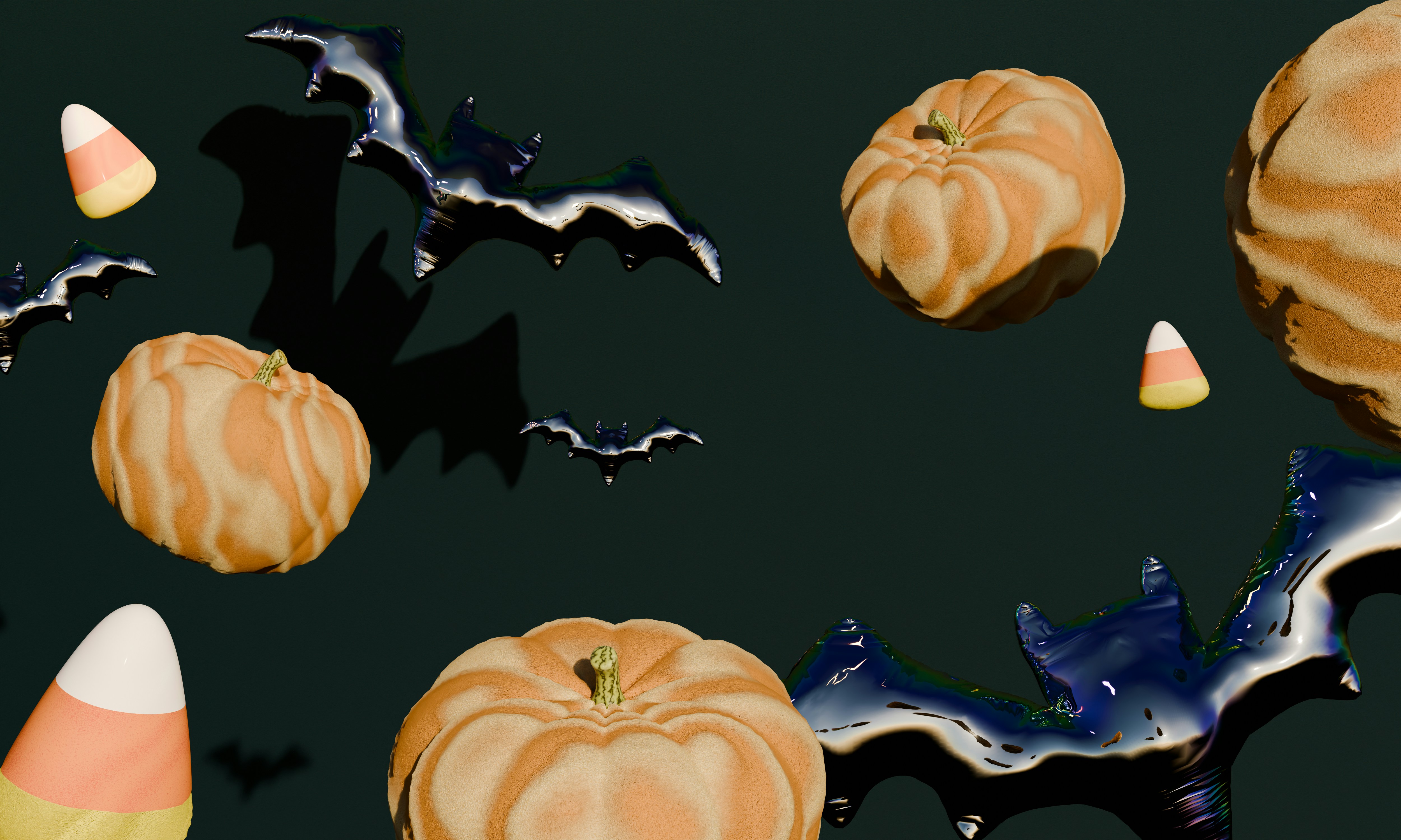 Floating pumpkins, black bat balloons, and candy corn on a dark background