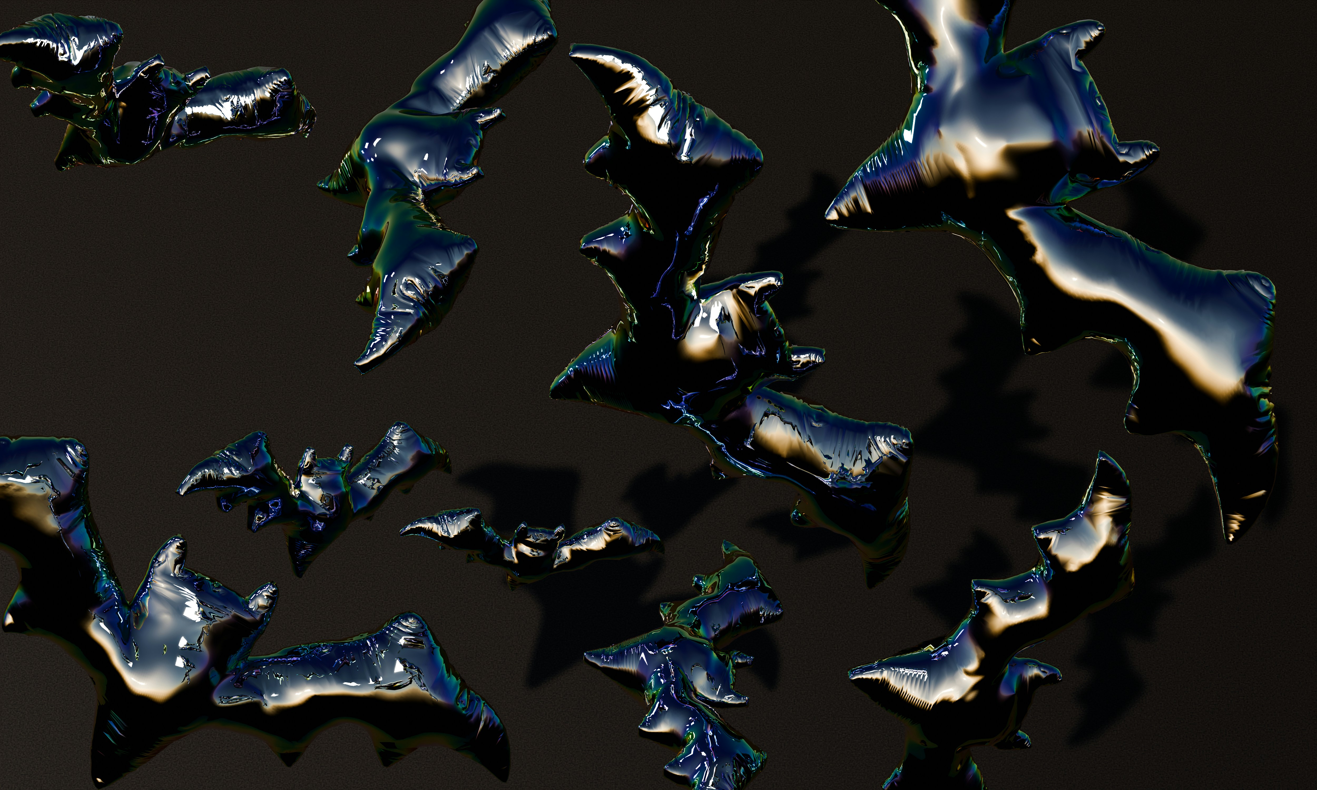 Shiny dark bat-shaped balloons floating against a plain black background
