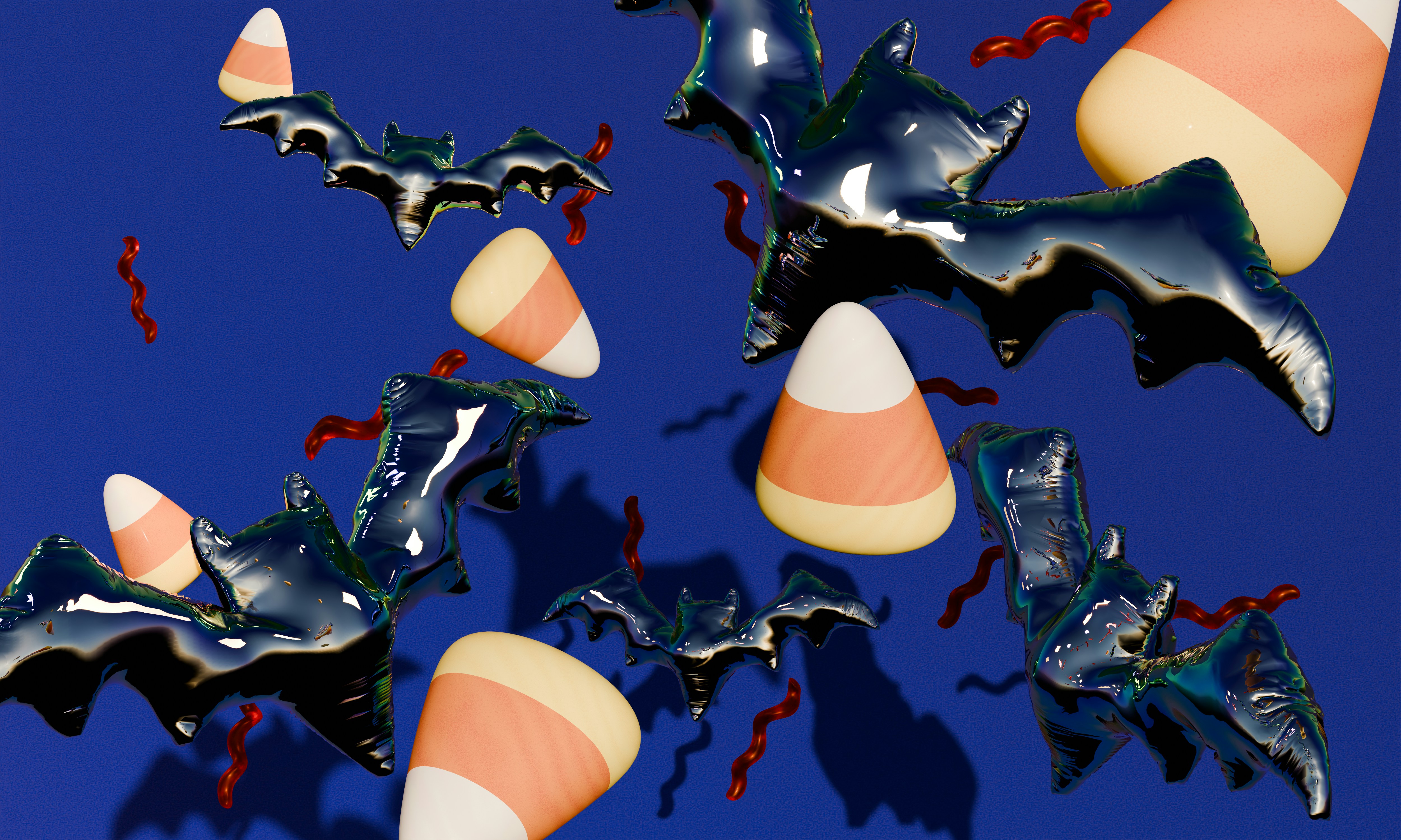 Shiny black bats and candy corn pieces floating against a deep blue background
