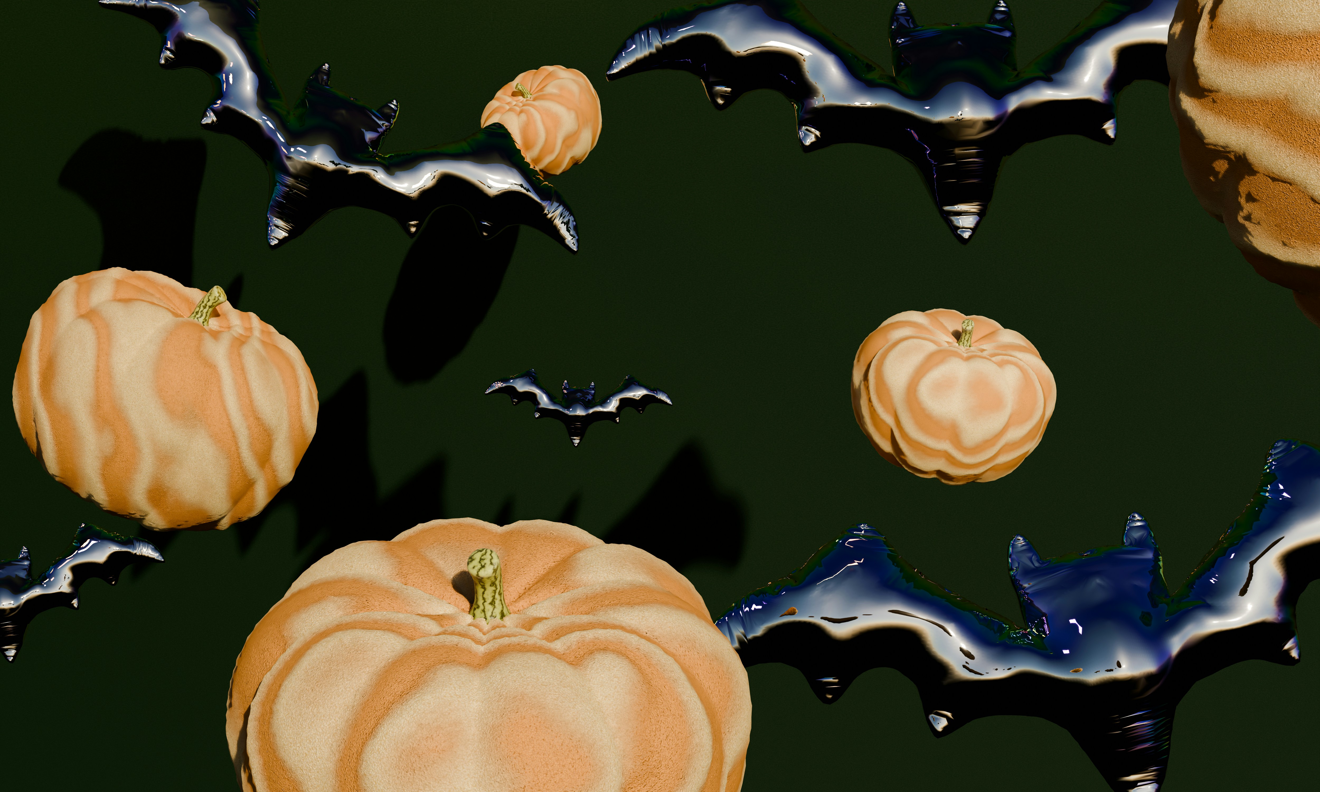 Floating orange pumpkins and shiny black bat balloons against a dark green background