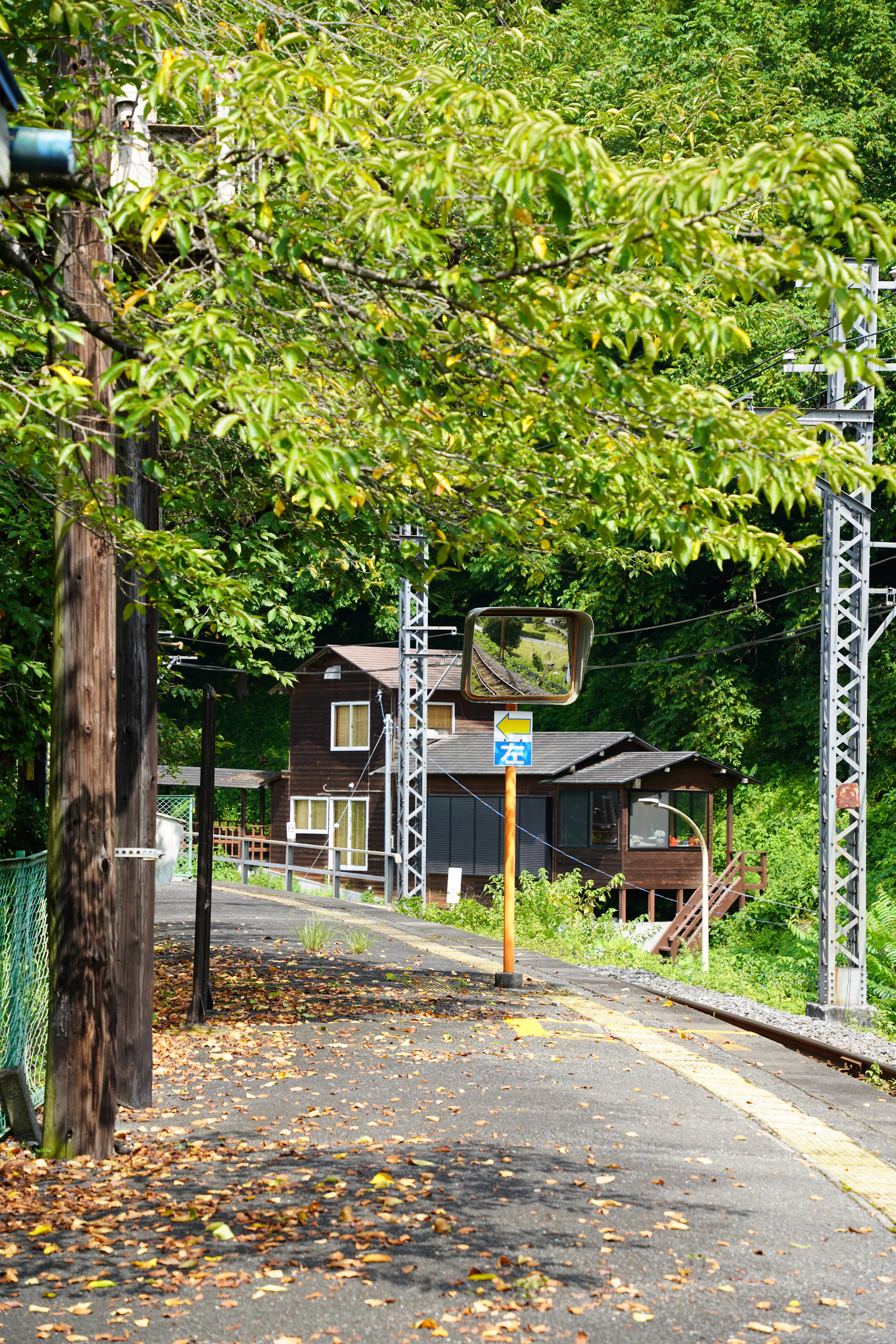 A quiet rural train platform with fallen leaves beside a wooden house