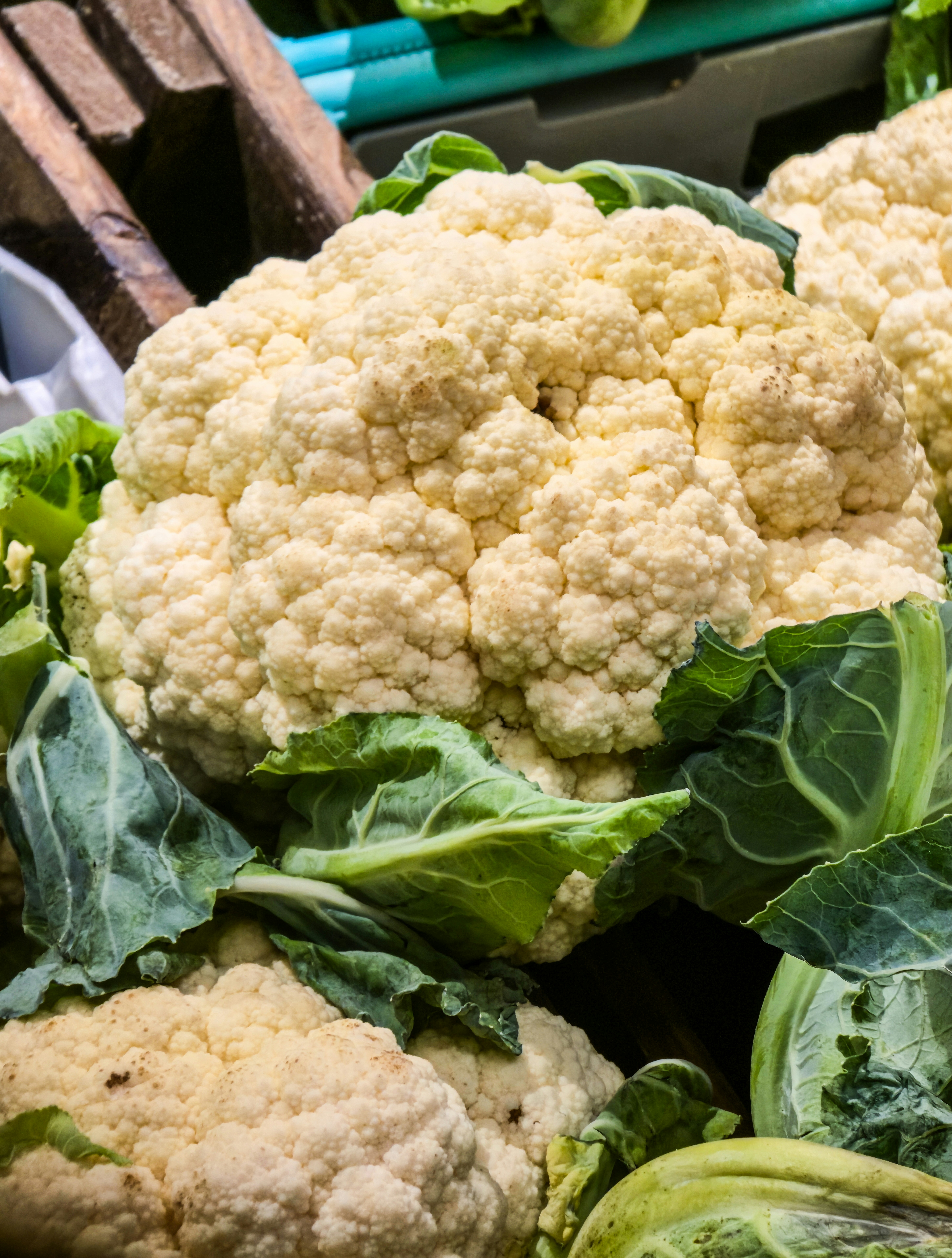 A fresh head of white cauliflower with green leaves in a wooden crate