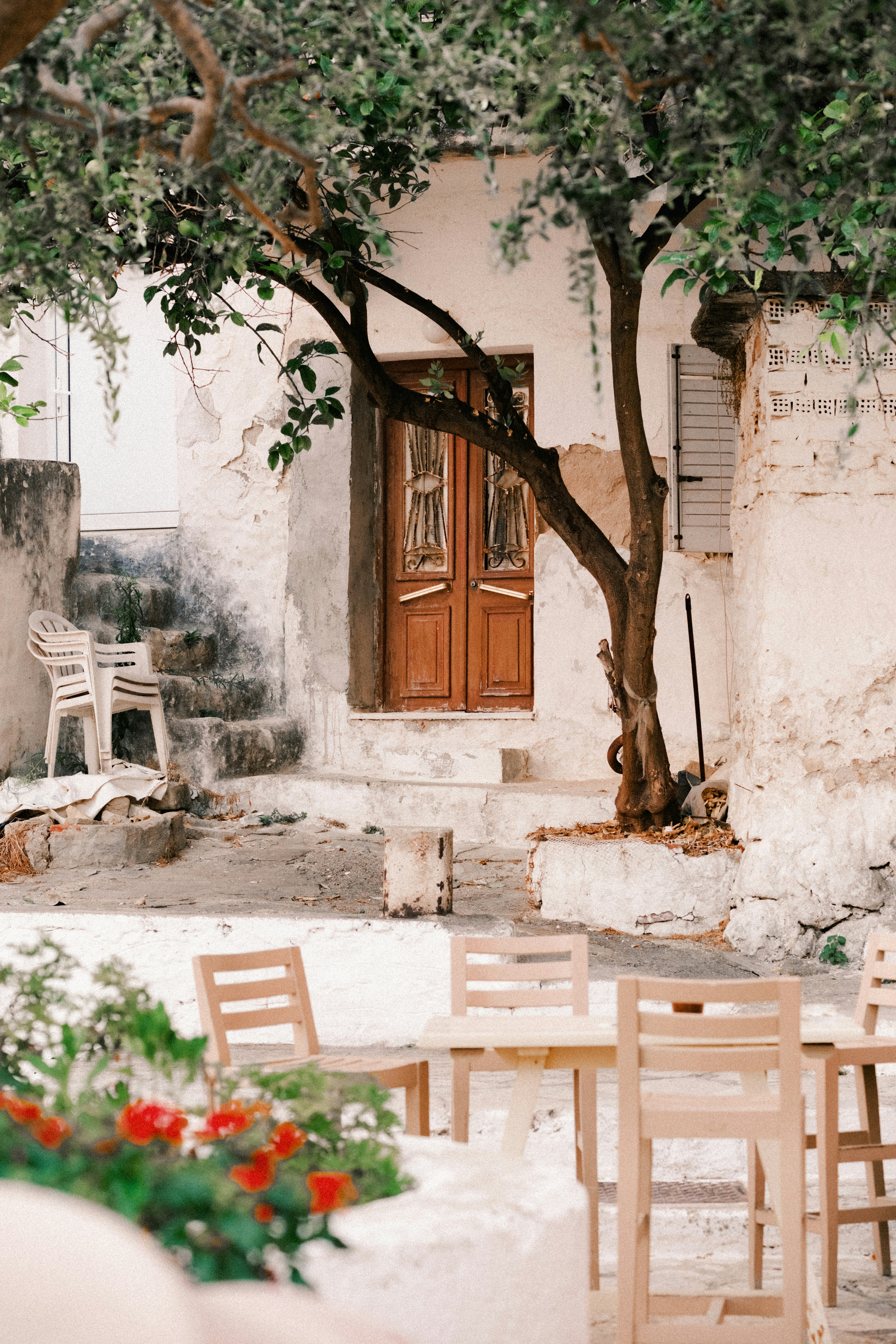 A wooden door and tree in a rustic courtyard with chairs and tables