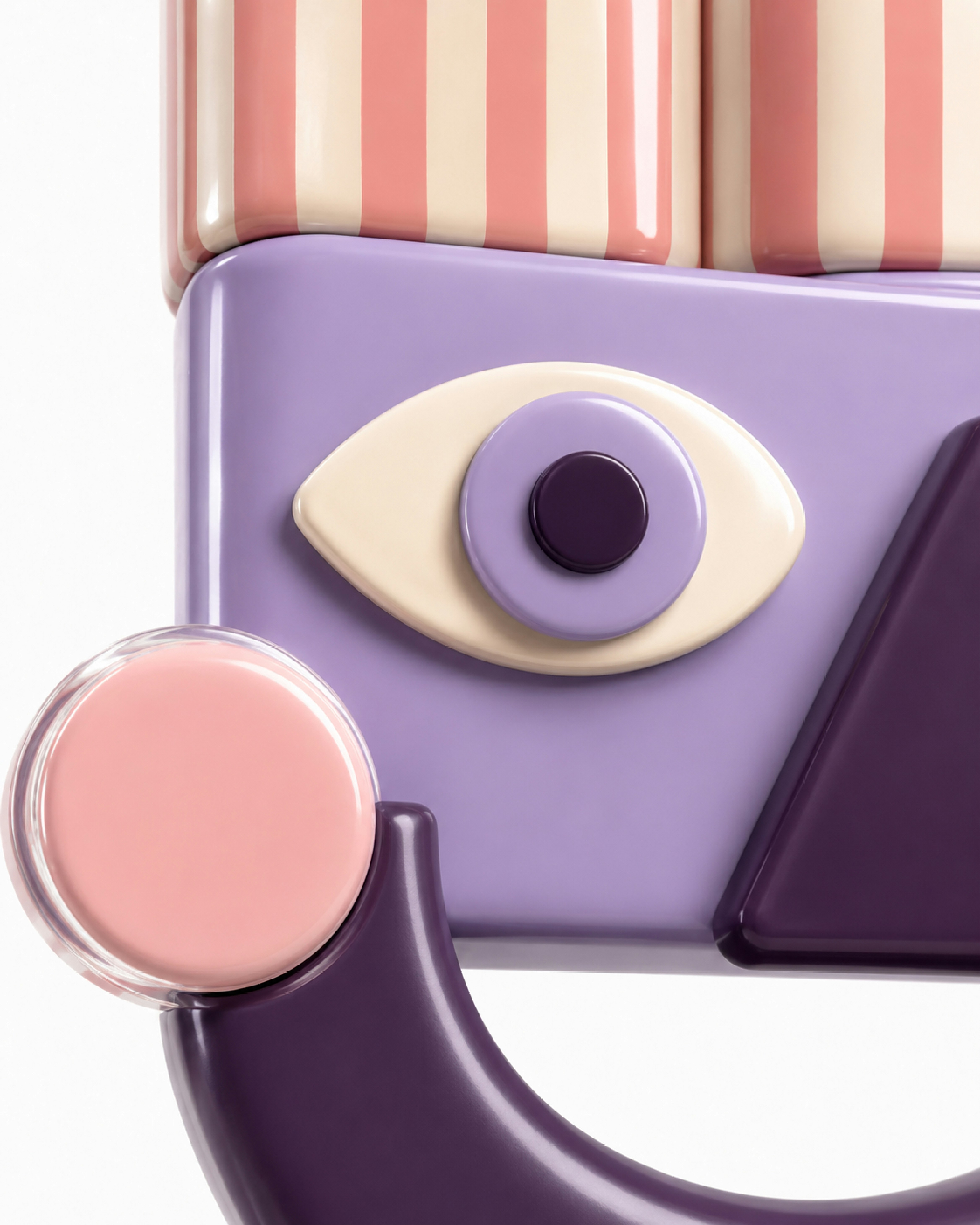 A stylized purple face with a pink striped top and circular cheek