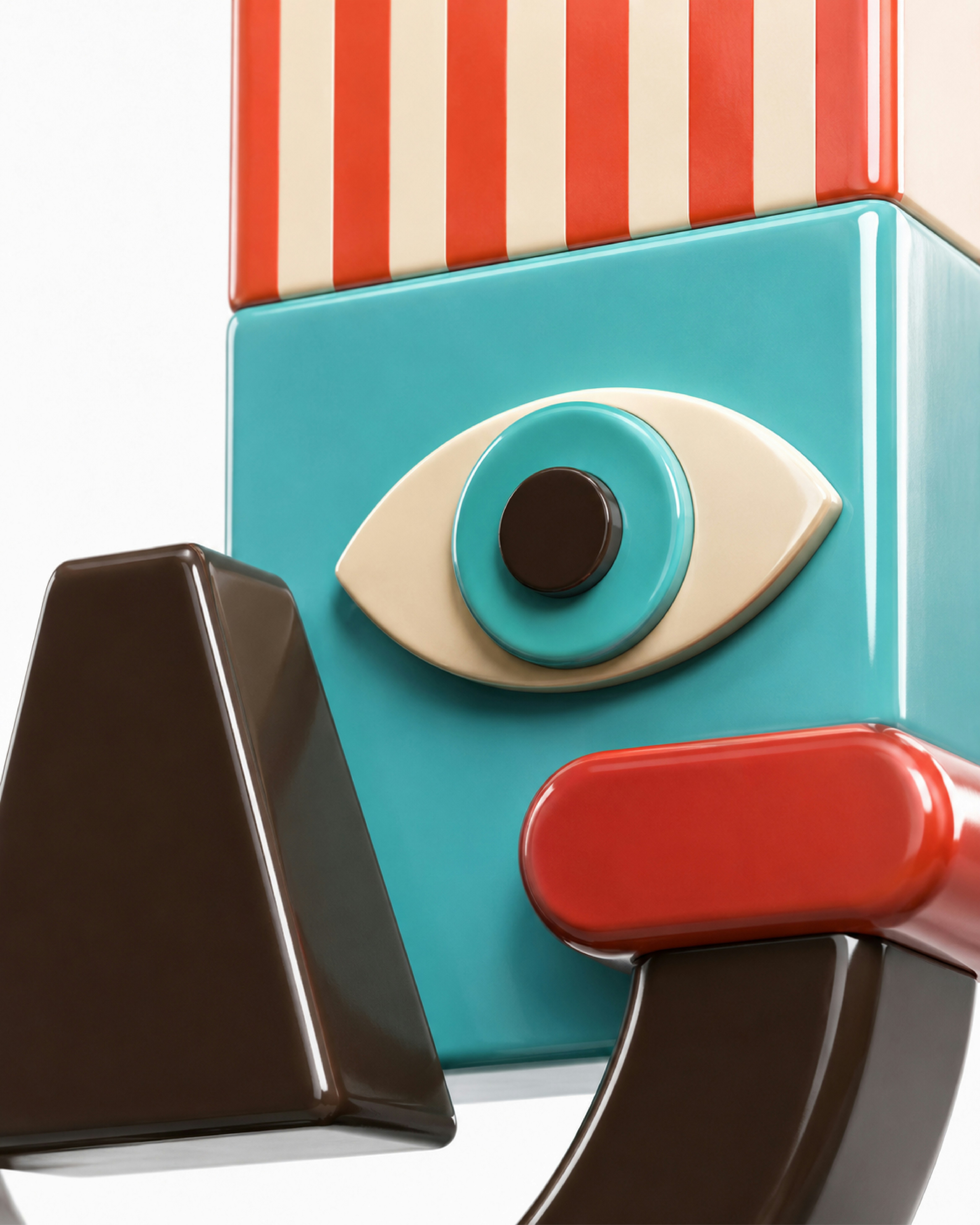 A stylized face with a large eye and red striped hair on a white background