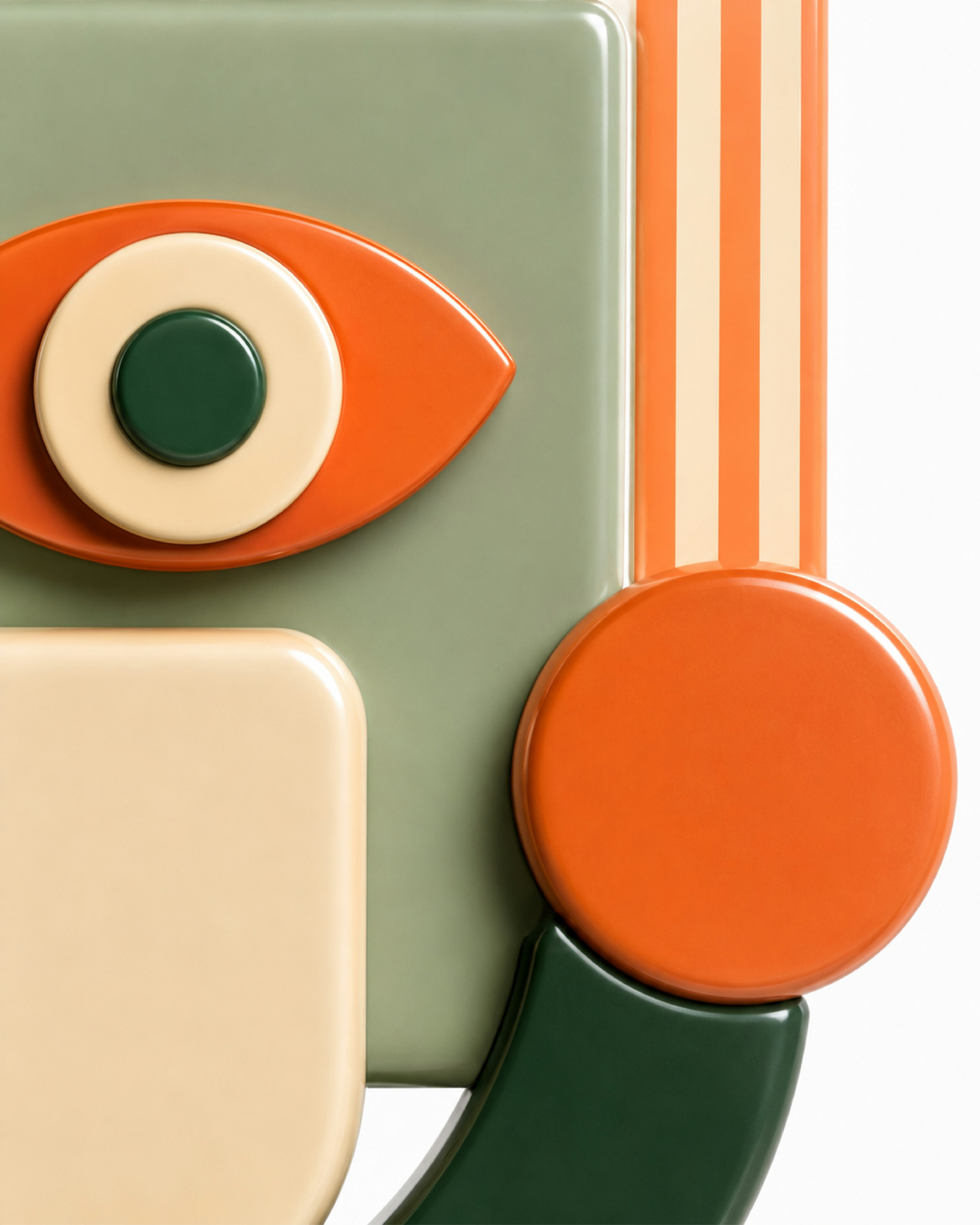 Abstract geometric shapes in olive green, orange, and cream on a white background