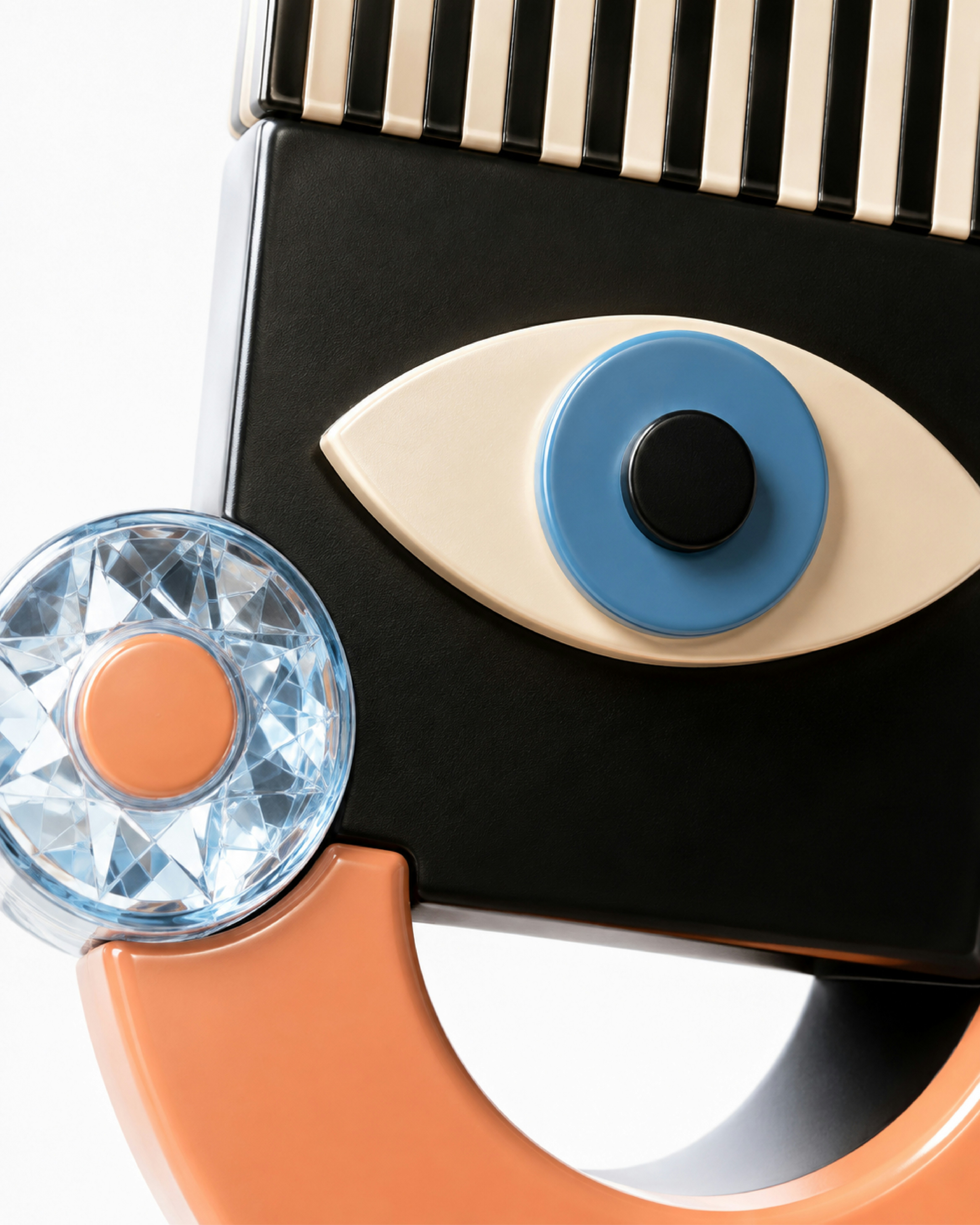 A stylized face with a blue eye, orange cheek, and piano key hair