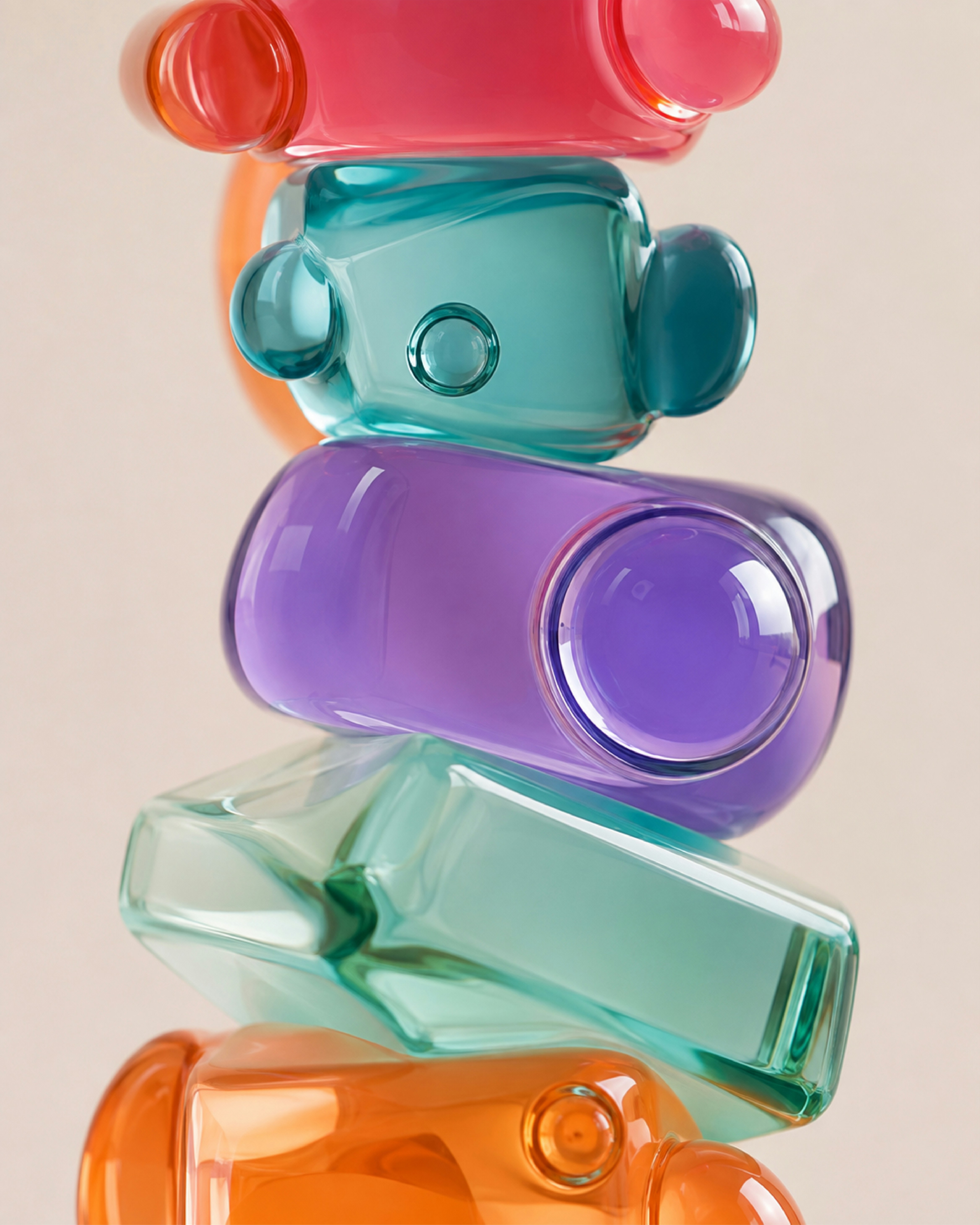 A vertical stack of colorful translucent glass perfume bottles on a neutral background