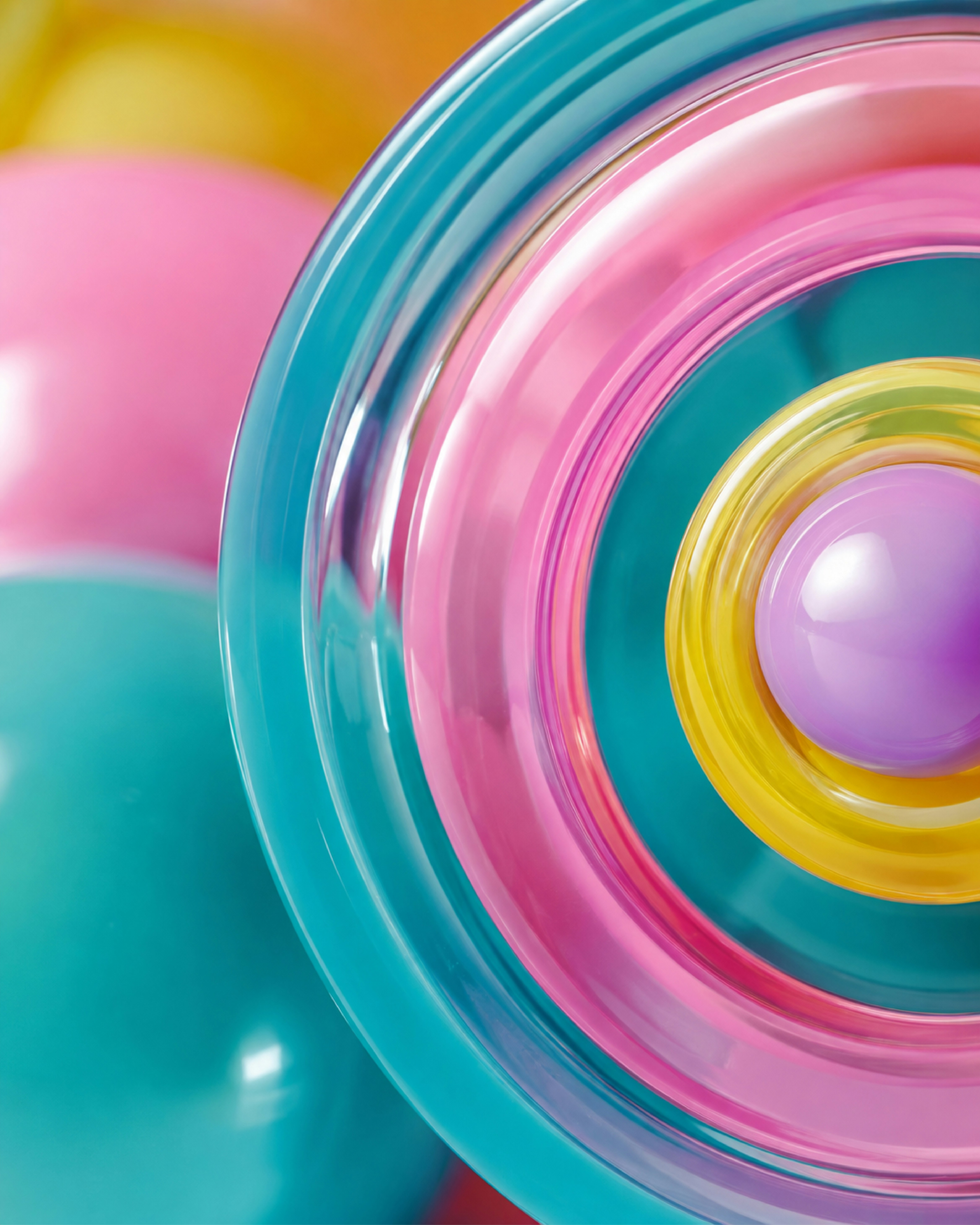Concentric circles of translucent blue, pink, and yellow plastic with a purple center