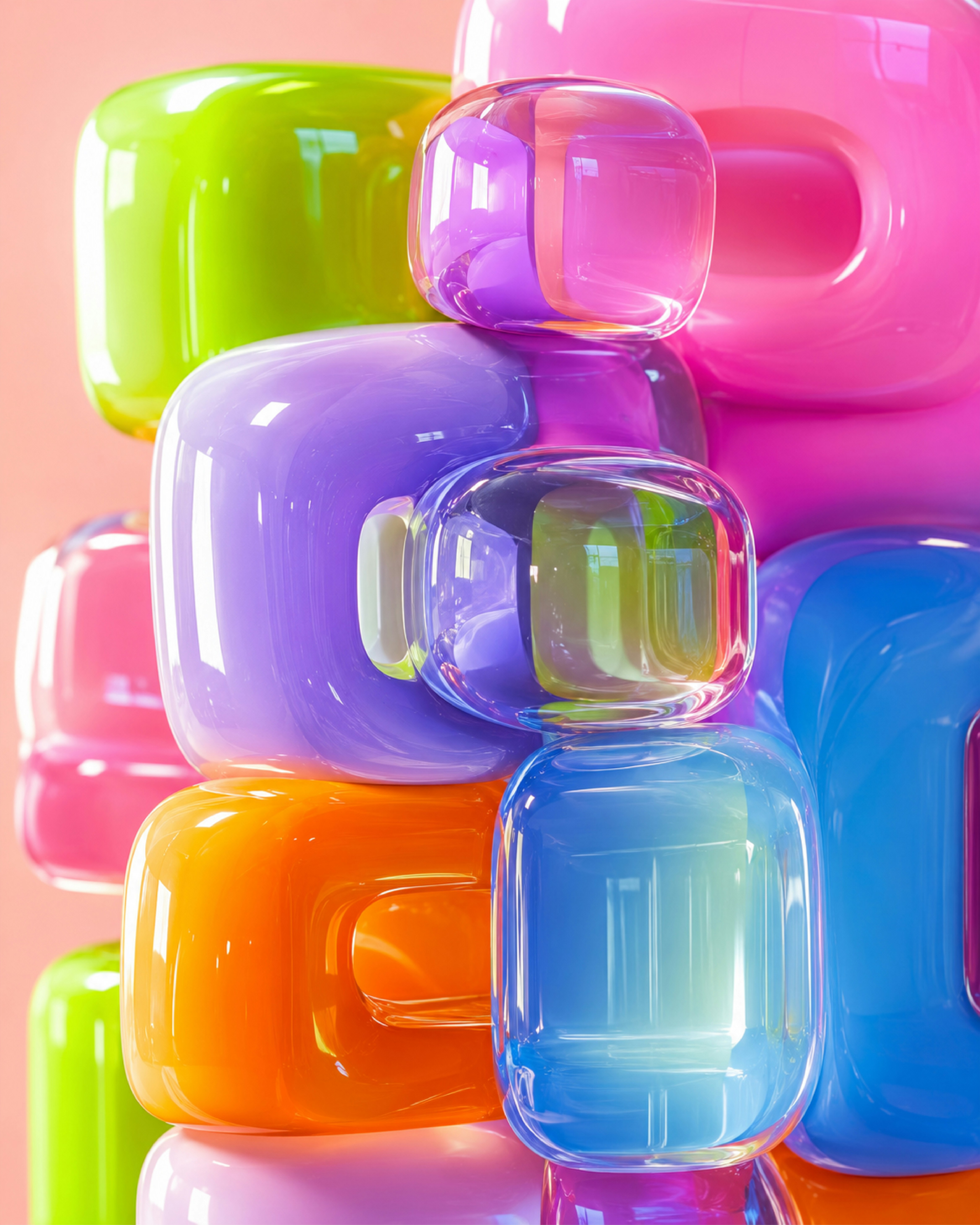 A stack of glossy translucent colorful glass blocks on a light pink background