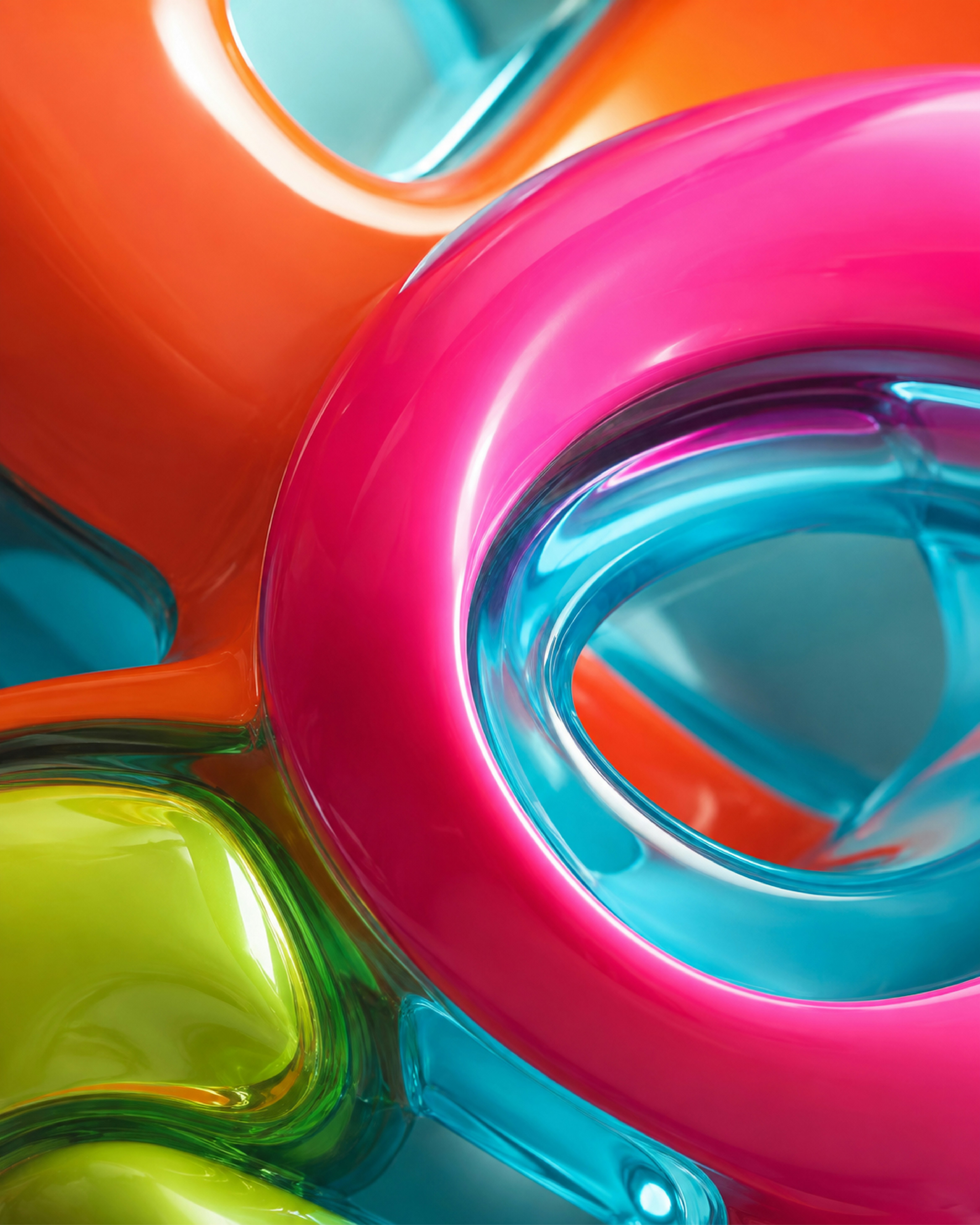 Abstract glossy shapes in vibrant pink, orange, blue, and lime green