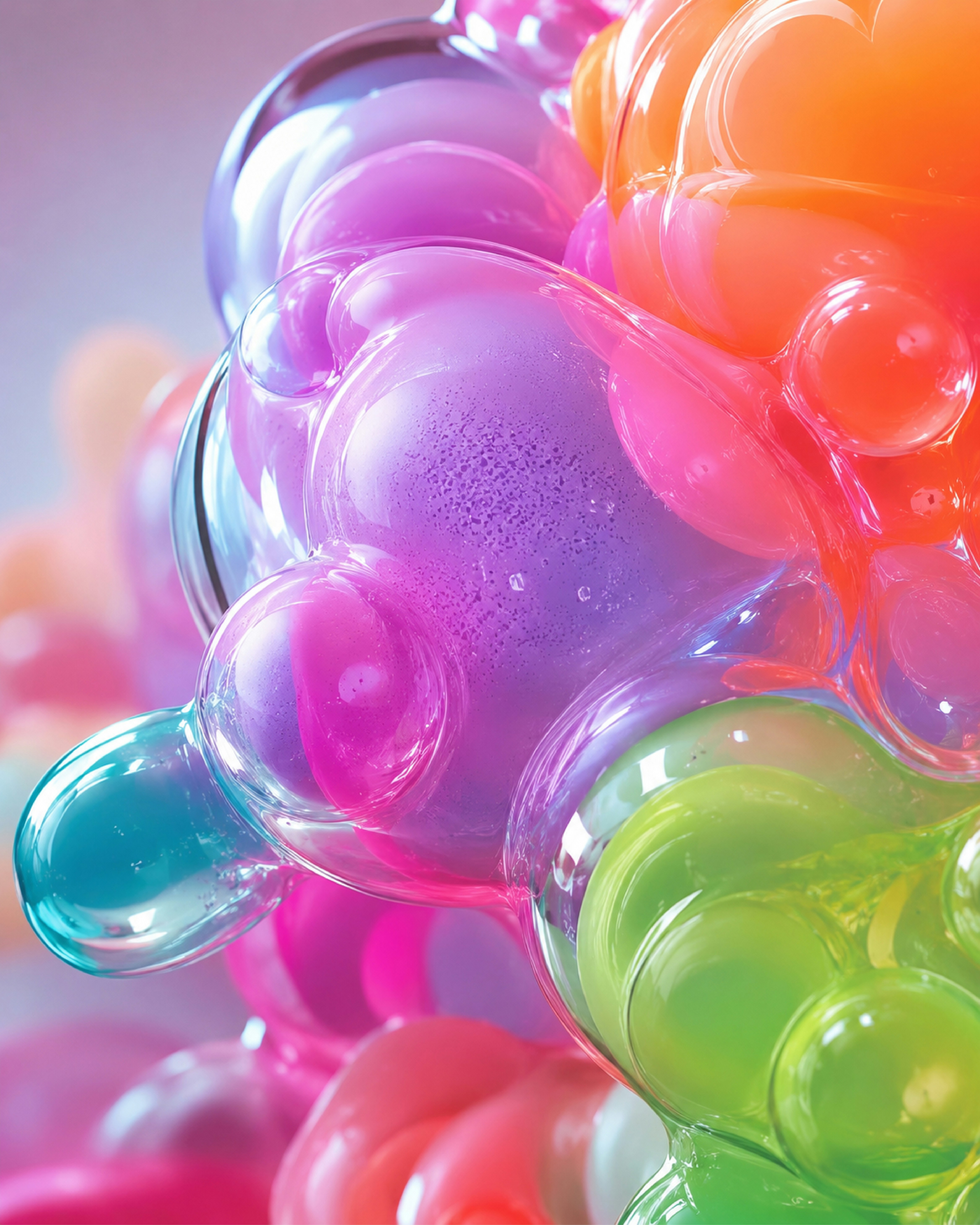A cluster of translucent colorful spheres in purple, orange, green, and blue