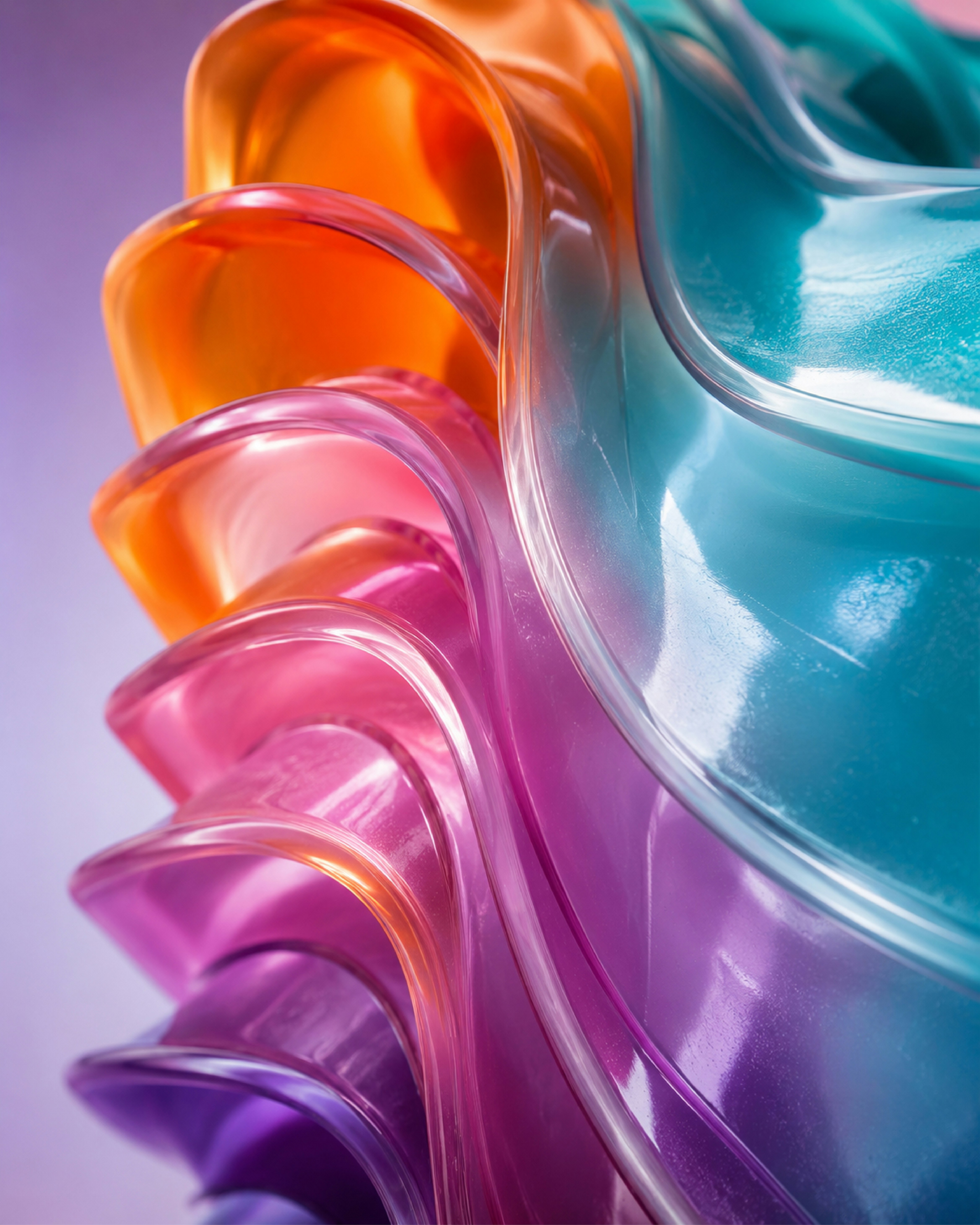 Abstract layers of translucent orange, pink, and blue curved plastic sheets