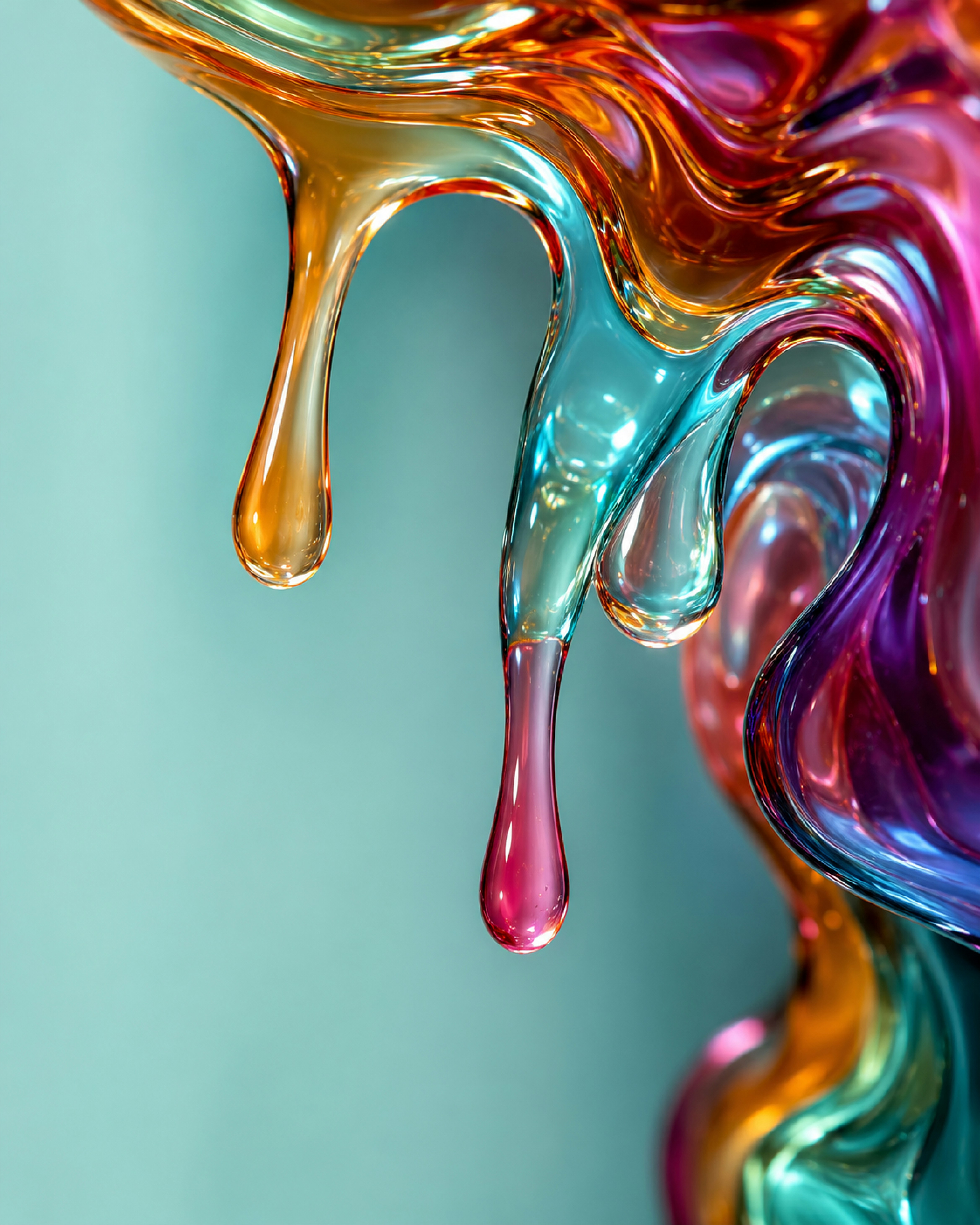 Translucent liquid droplets in vibrant orange, blue, and magenta against a teal background