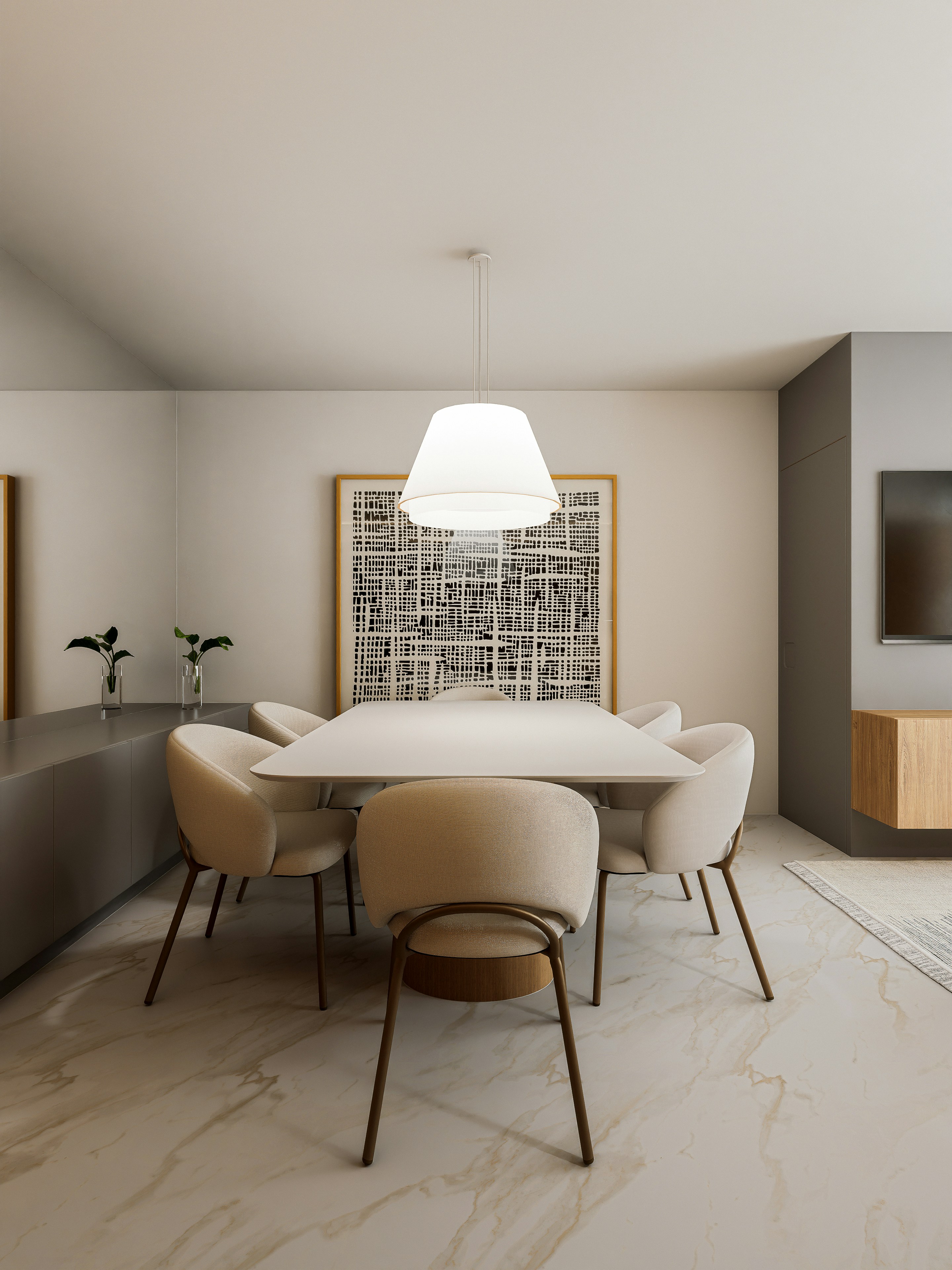 Minimal modern dining room with dining table, upholstered chairs, pendant lighting, and wall art