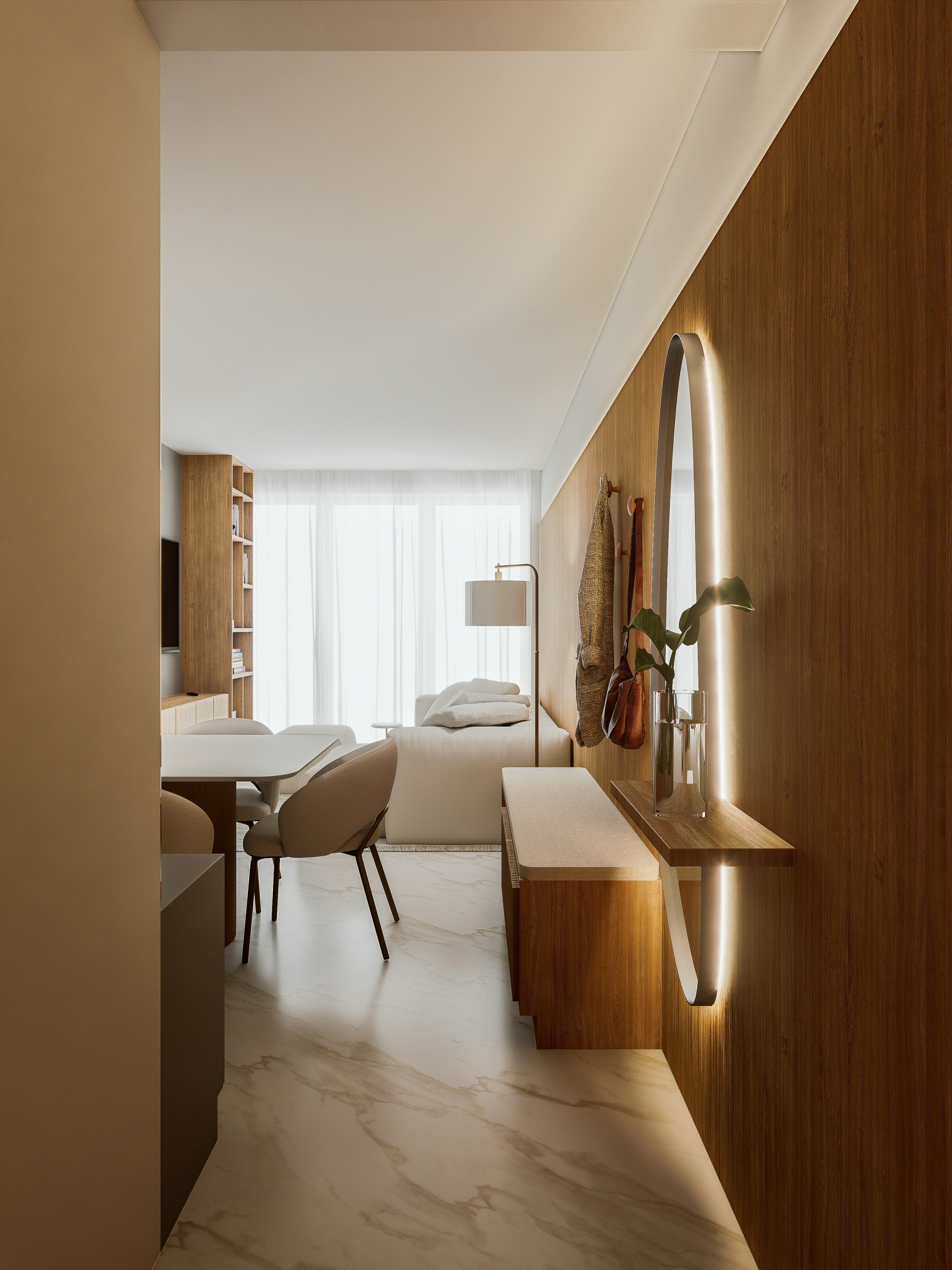 A modern living room with wood paneling, a backlit mirror, and marble flooring