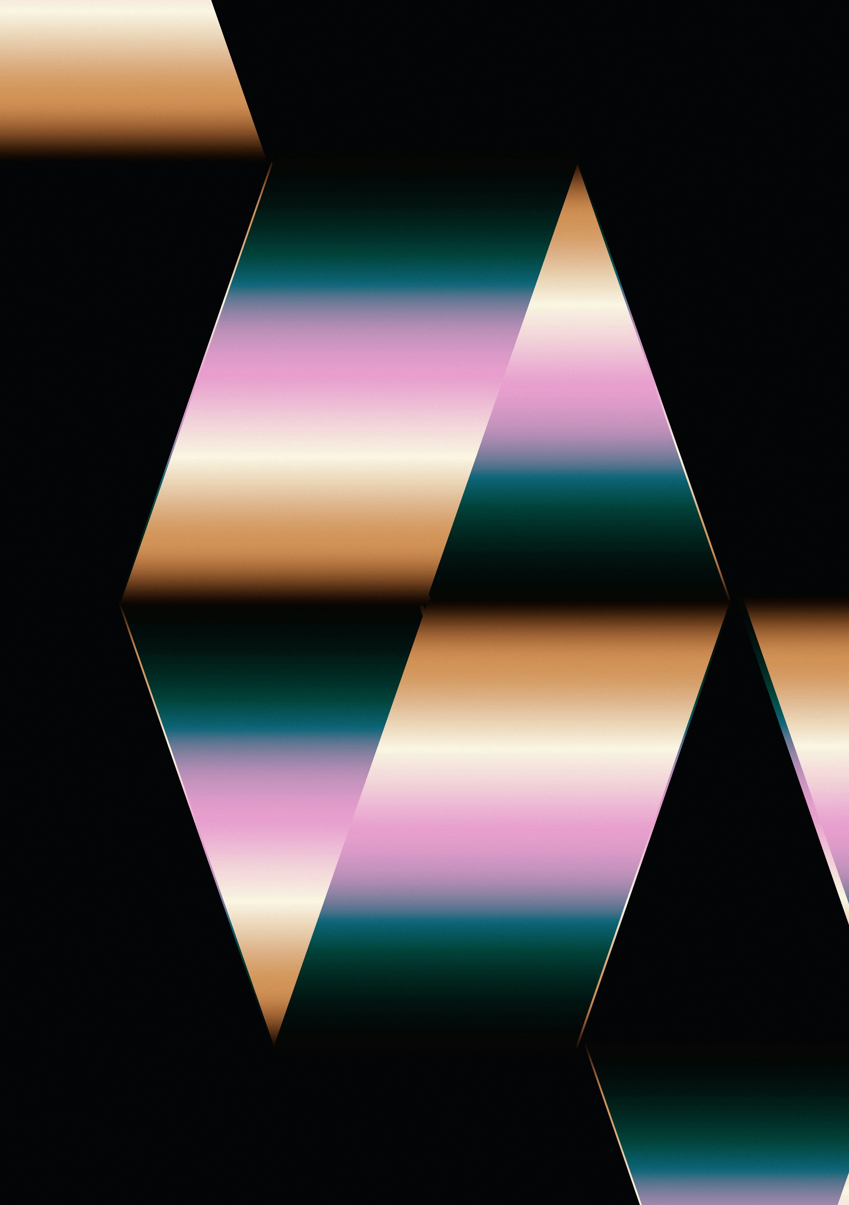 Geometric shapes with a metallic gradient of pink, teal, and gold on black