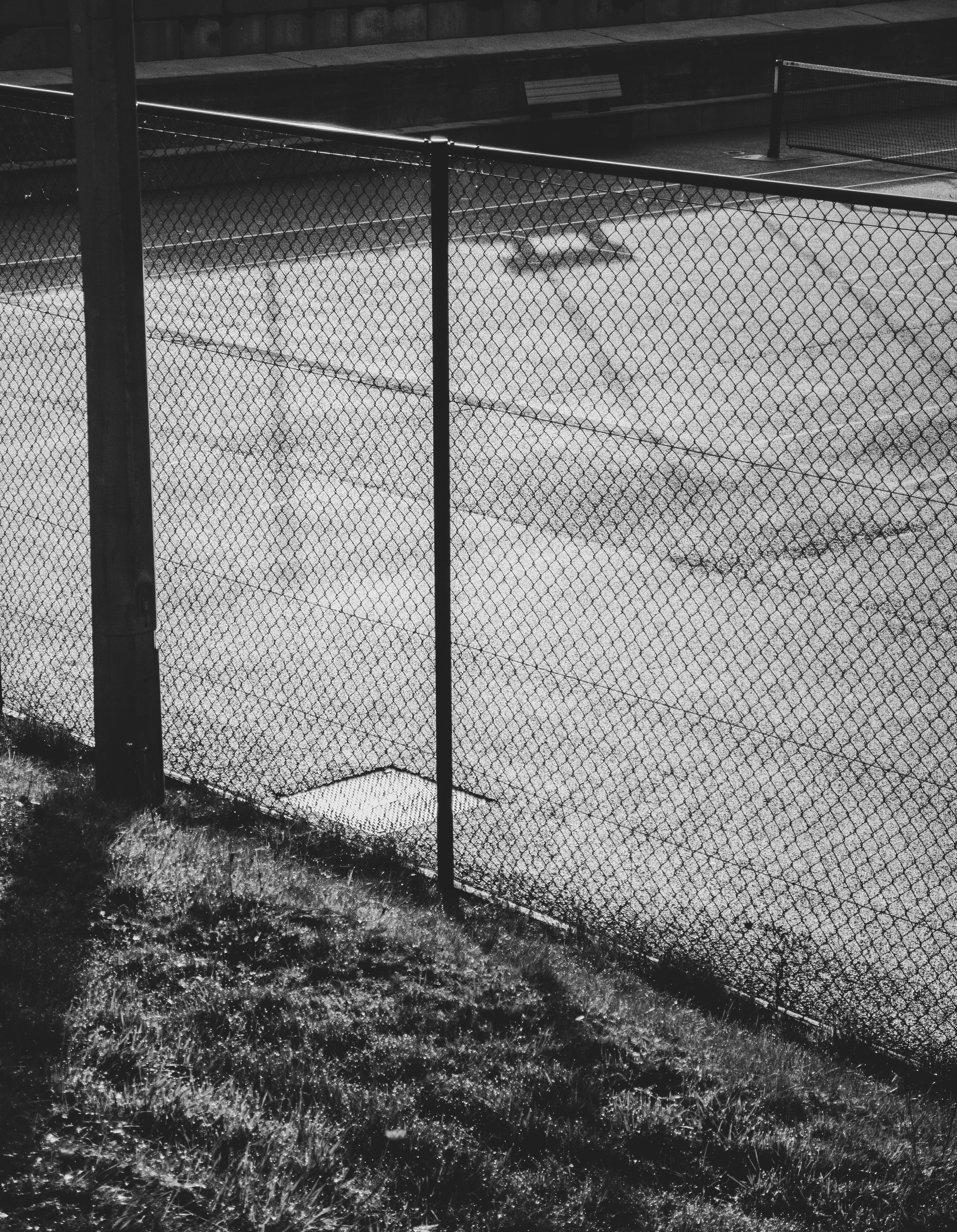 A chain link fence bordering a tennis court with a grassy foreground