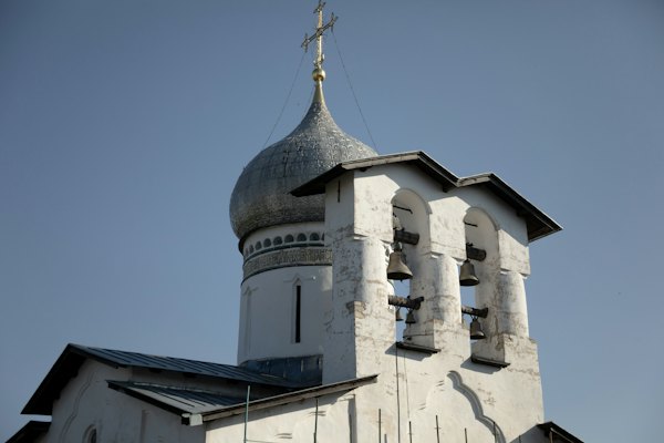 A church belfry and its silver dome — Pskov, Russia