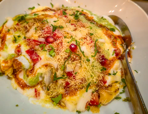 A bowl of papdi chaat topped with yogurt, pomegranate seeds, and sev