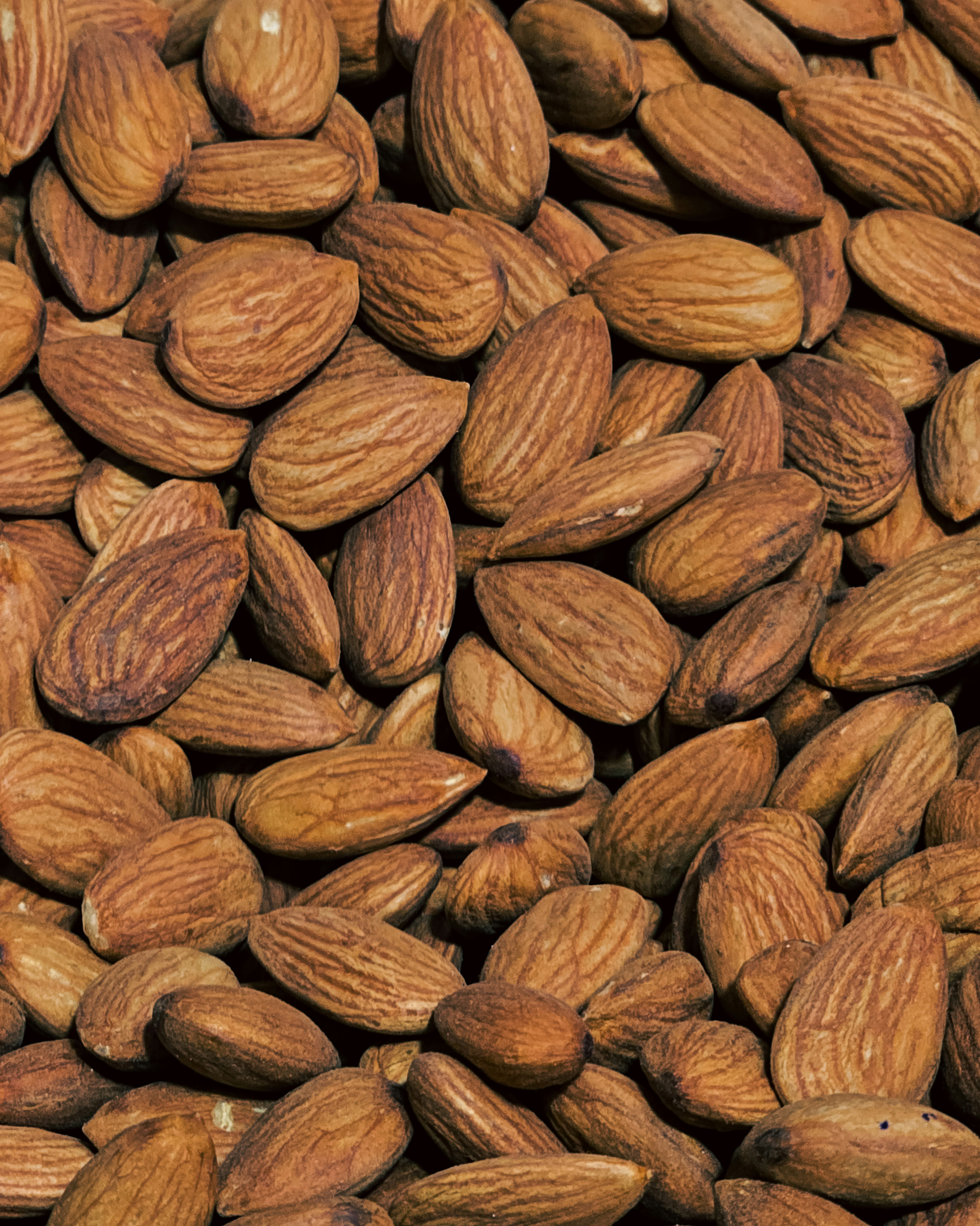 A large pile of raw brown almonds filling the entire frame