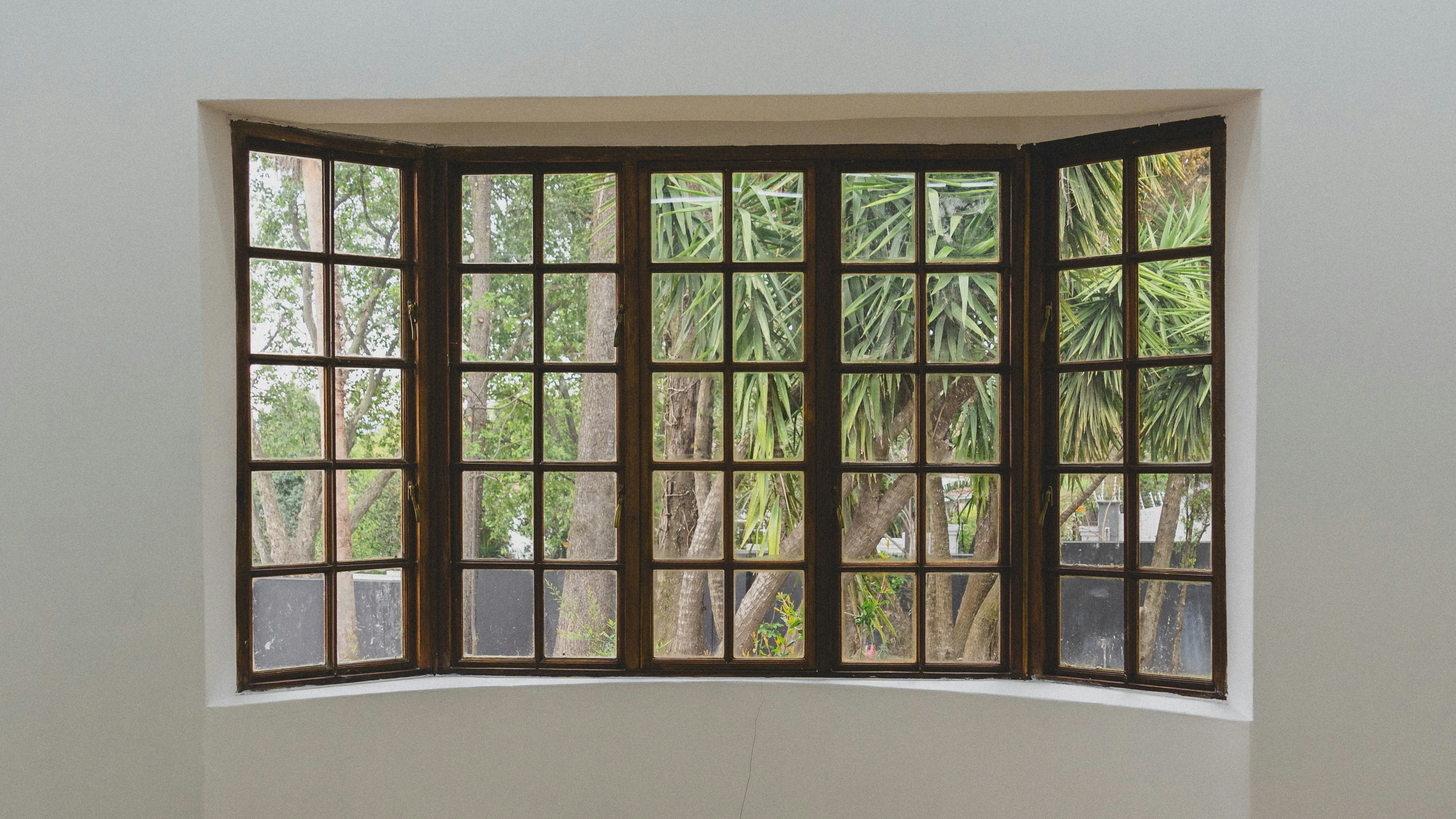 Large dark wooden bay window with multiple small glass panes, opening onto a leafy garden.