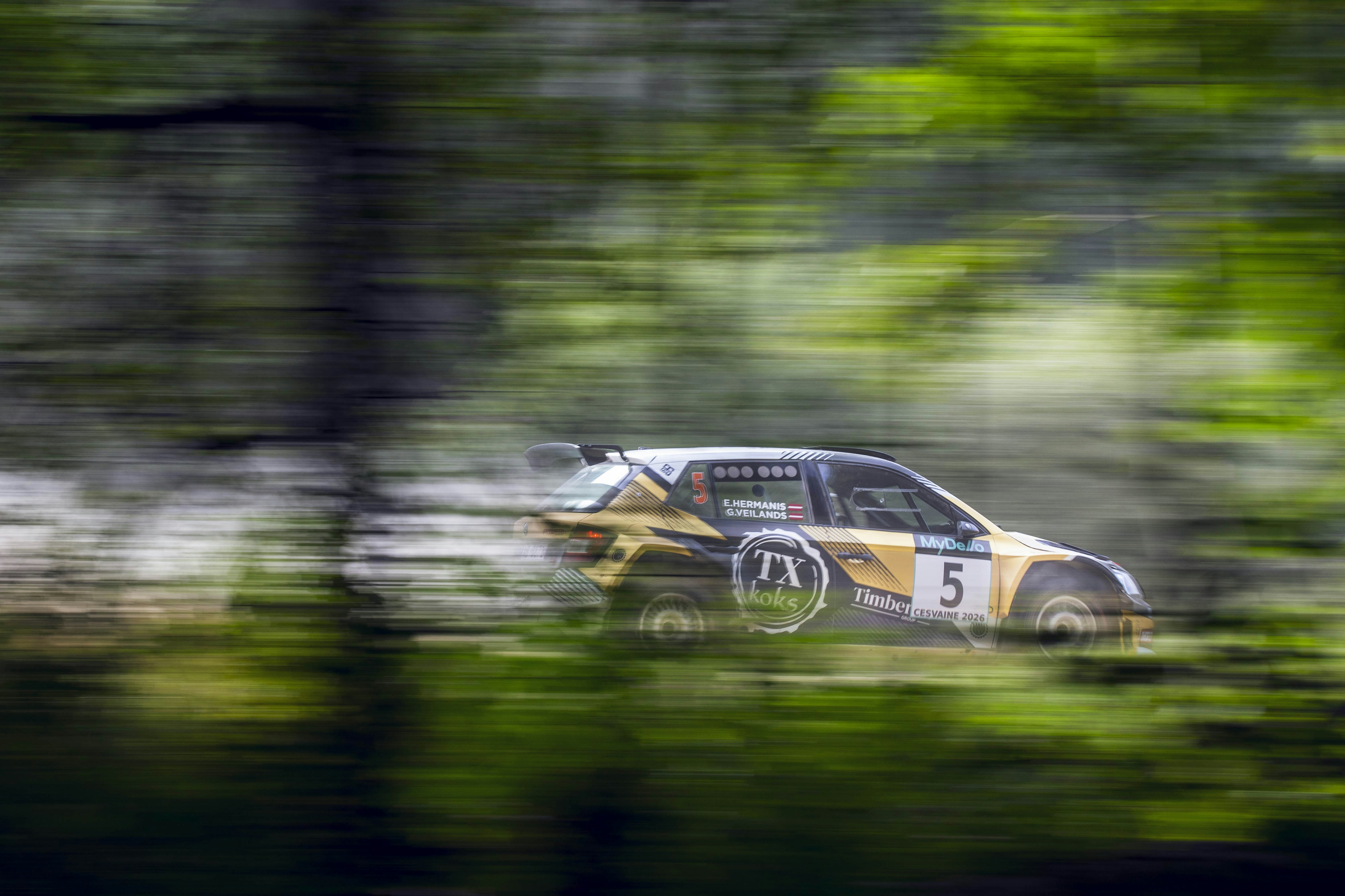 A yellow and black rally car speeding through a forest in a long exposure