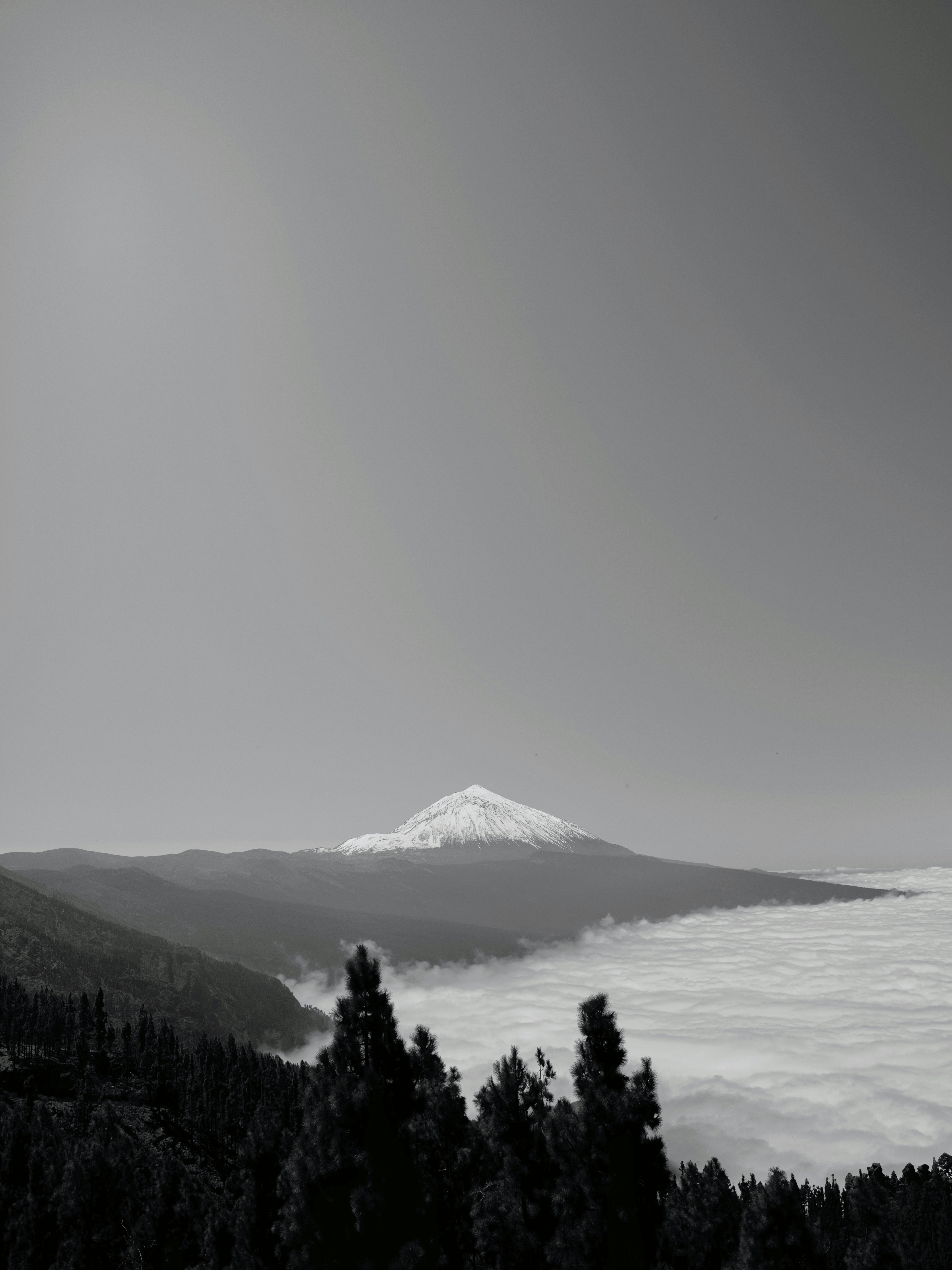 A snow-capped volcanic peak rising above a sea of clouds in black and white