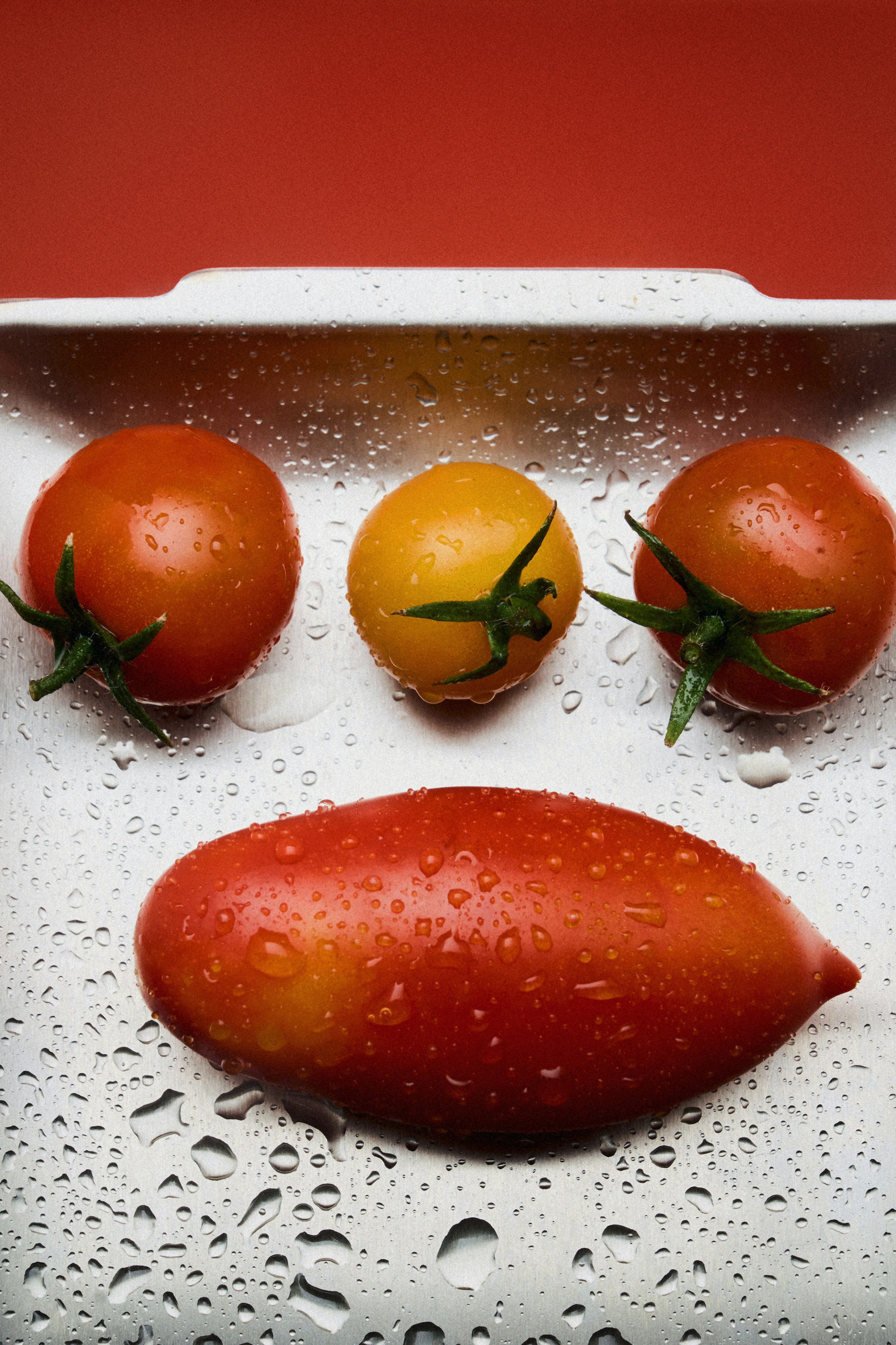Two red tomatoes, one yellow tomato, and one elongated tomato on a wet tray