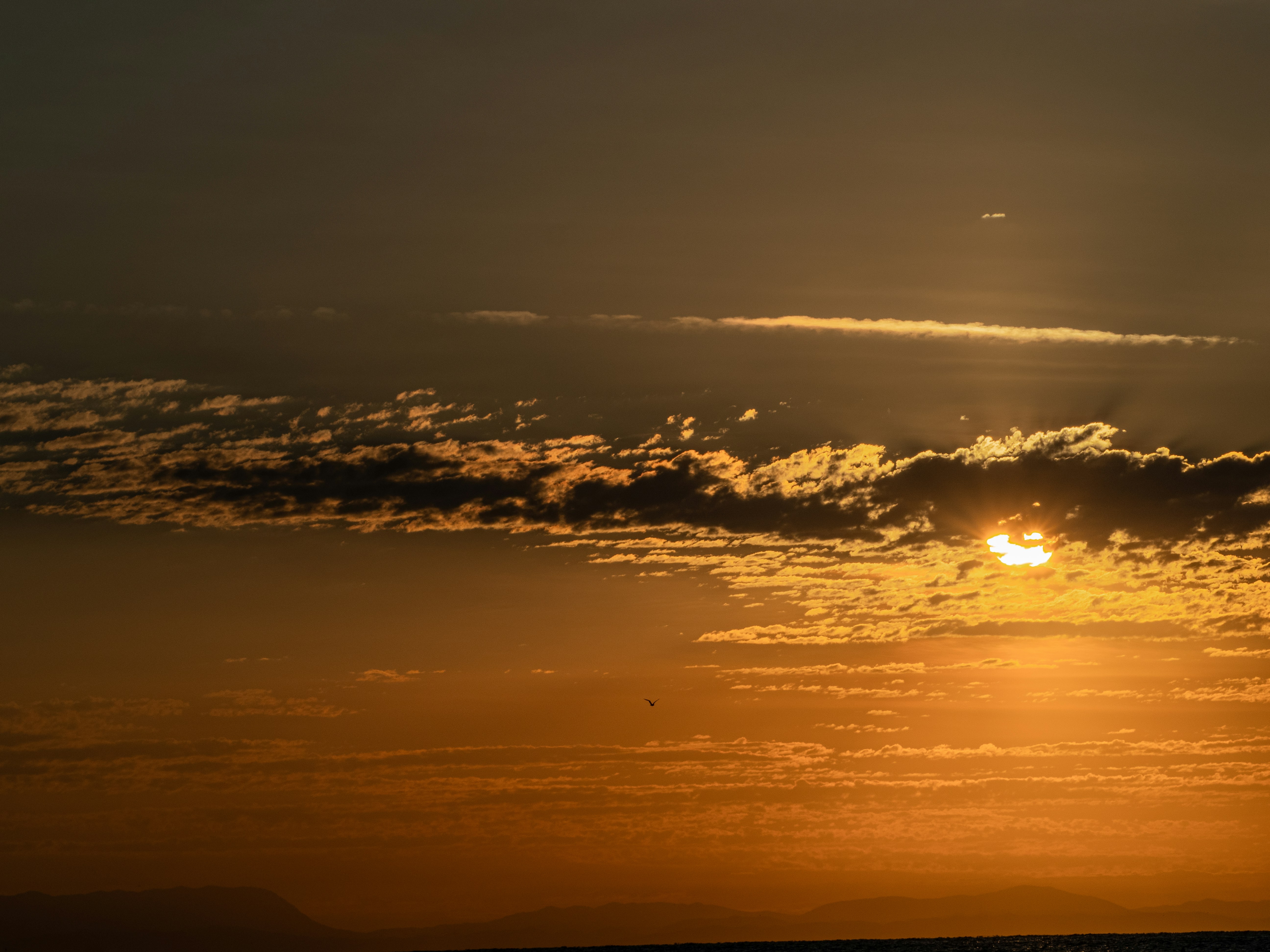 Low sun glowing behind scattered clouds in a warm orange sky
