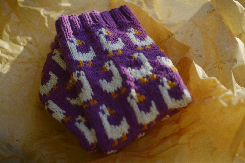 purple hand-knitted socks with a white goose pattern