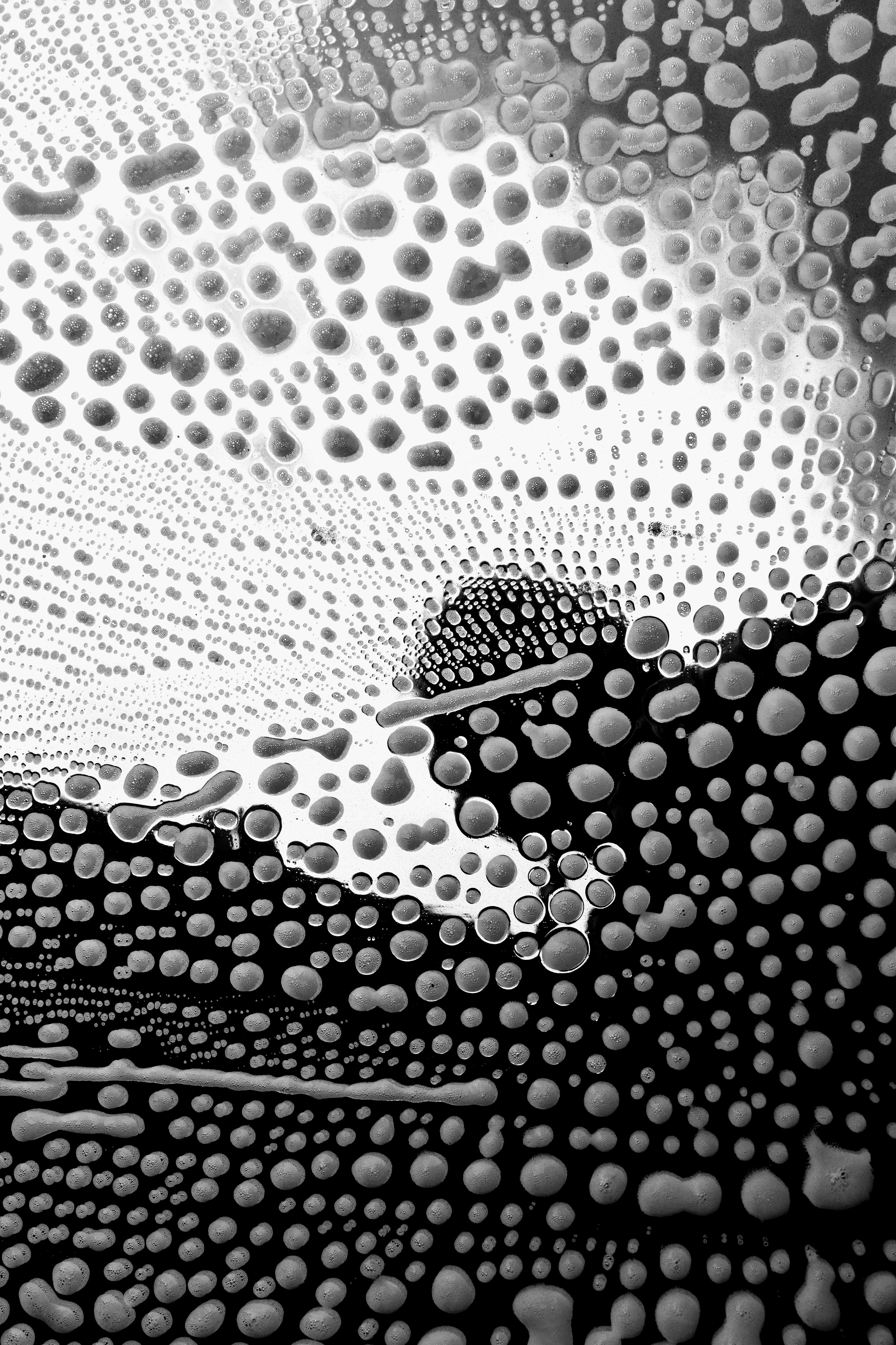 Soap bubbles forming a pattern of circles on a dark reflective surface