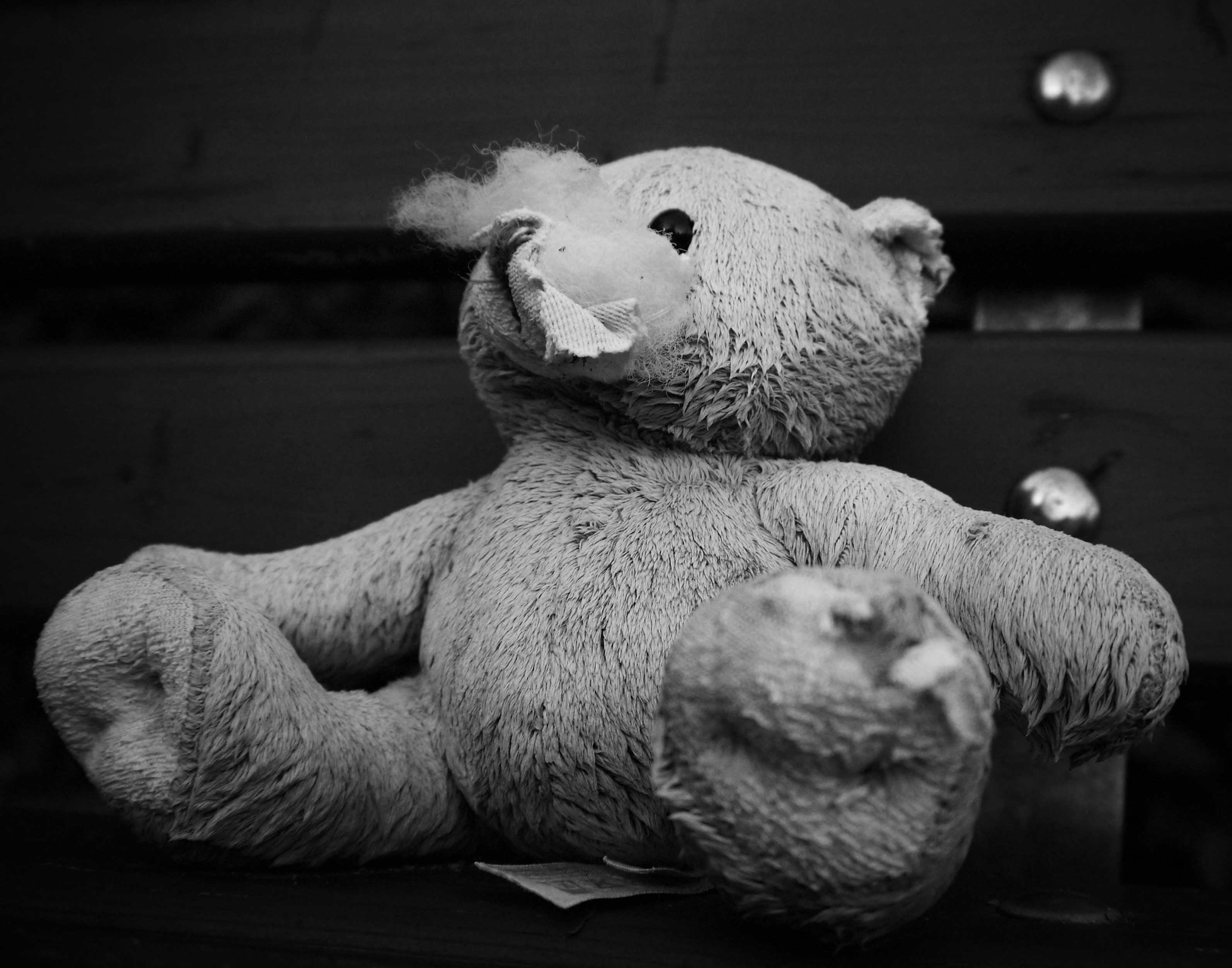 A worn teddy bear with torn fabric and exposed stuffing on a bench