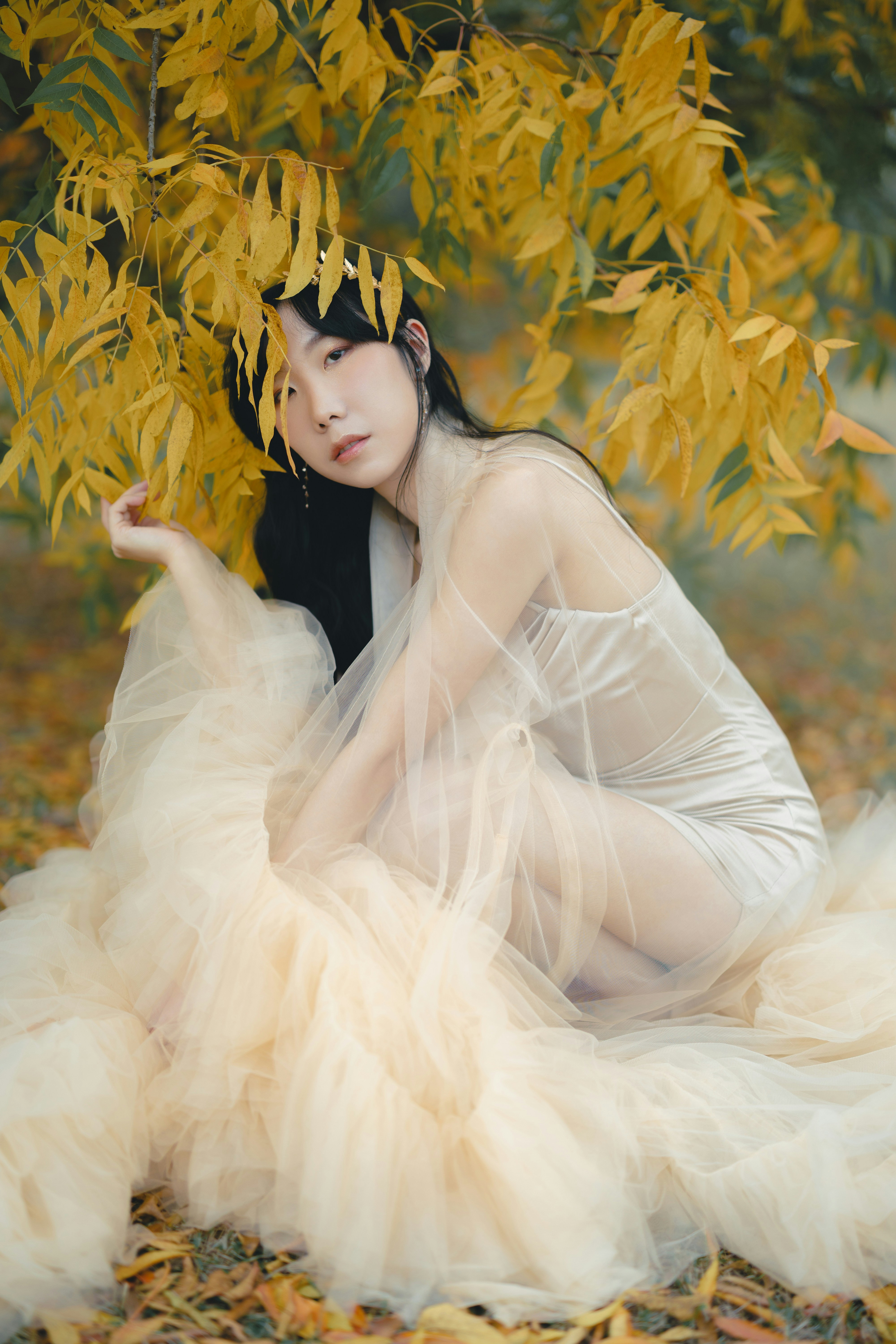 A woman in a beige tulle dress crouching beneath yellow autumn leaves