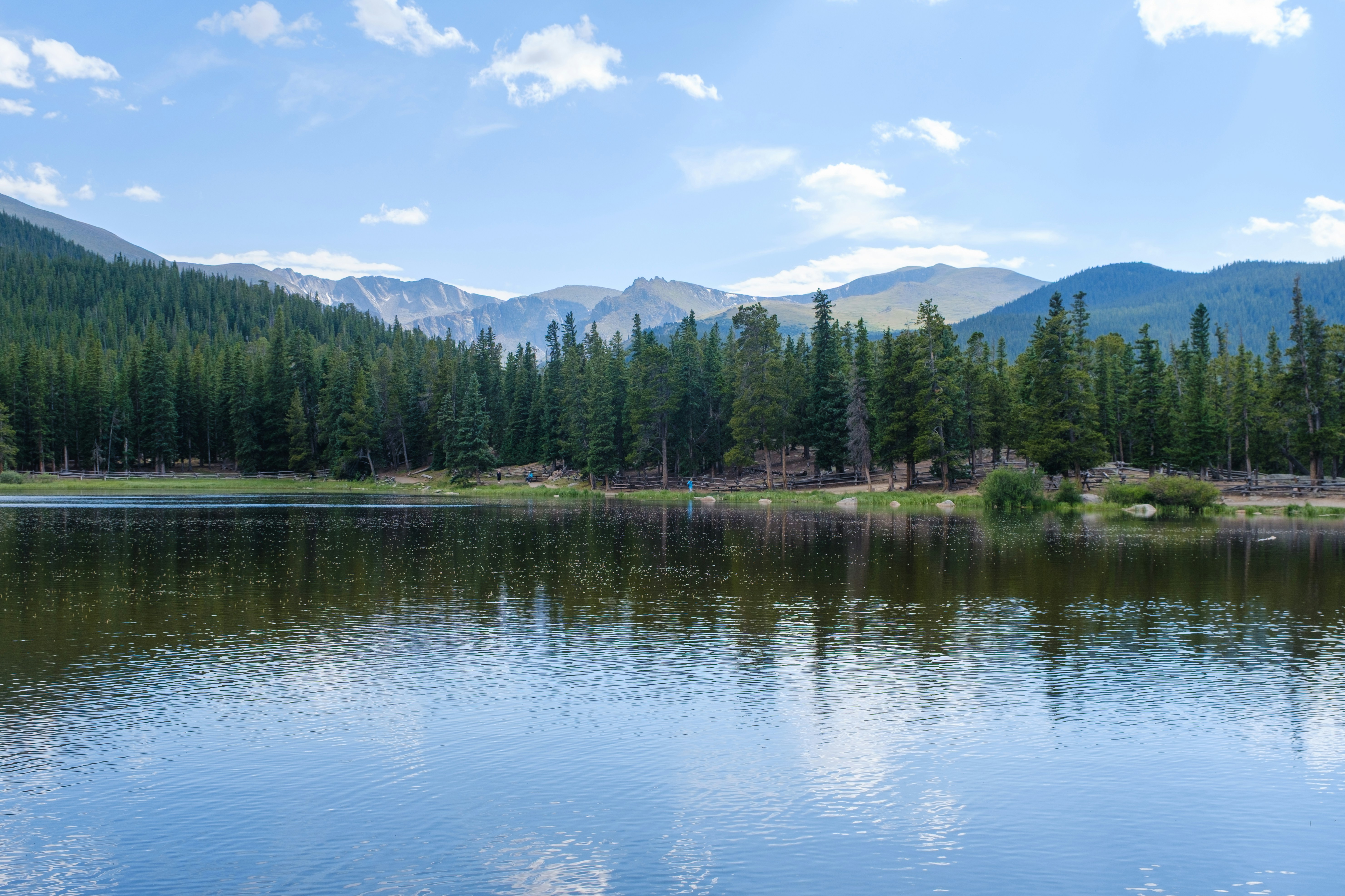 Um lago calmo que reflete uma densa floresta de pinheiros e picos montanhosos distantes