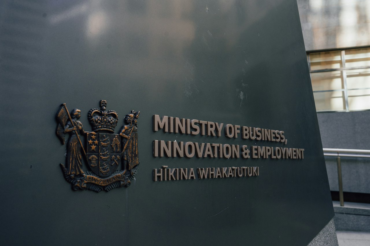 The Ministry of Business, Innovation and Employment sign with a bronze coat of arms