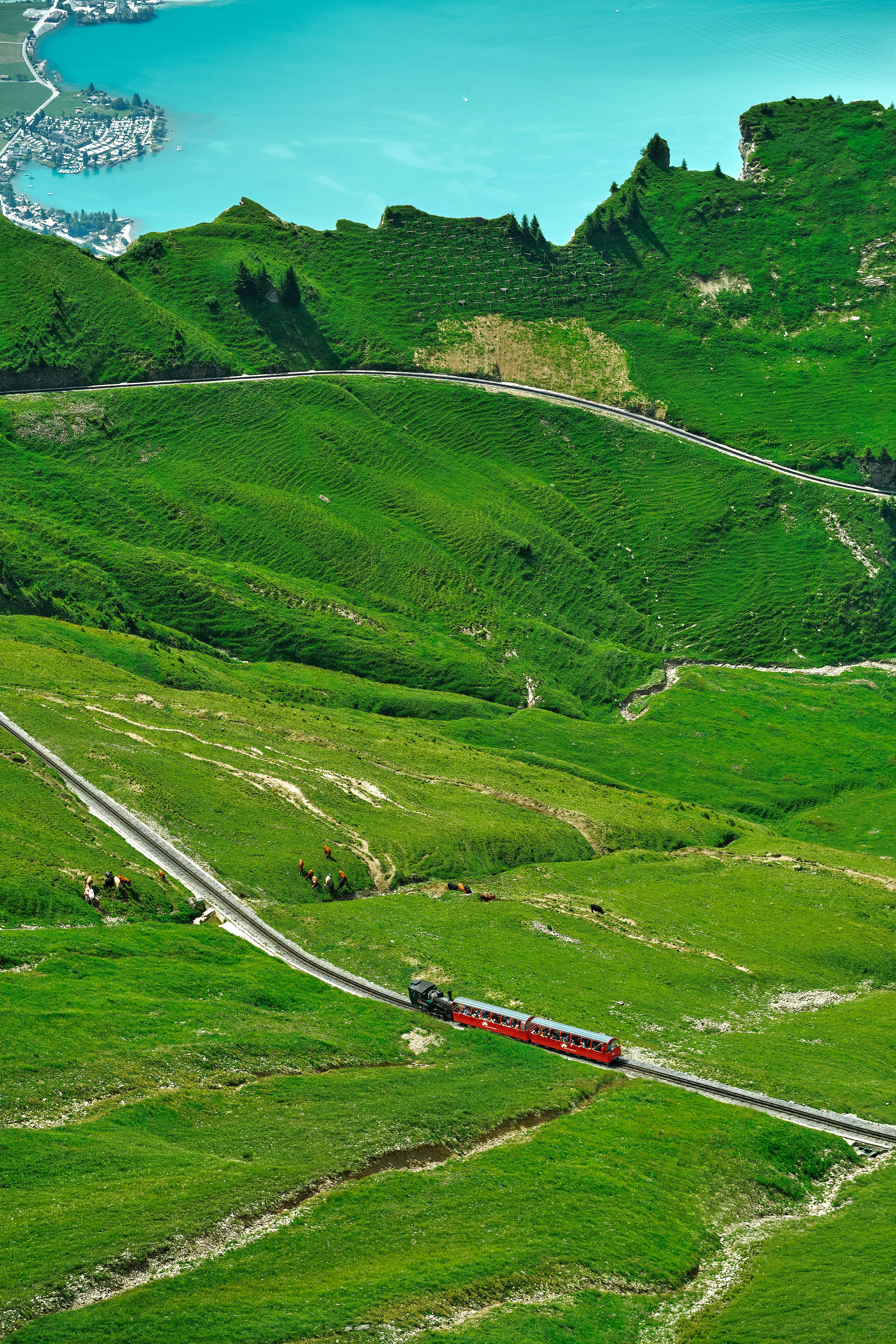 A red steam train traveling along tracks through a lush green mountain landscape