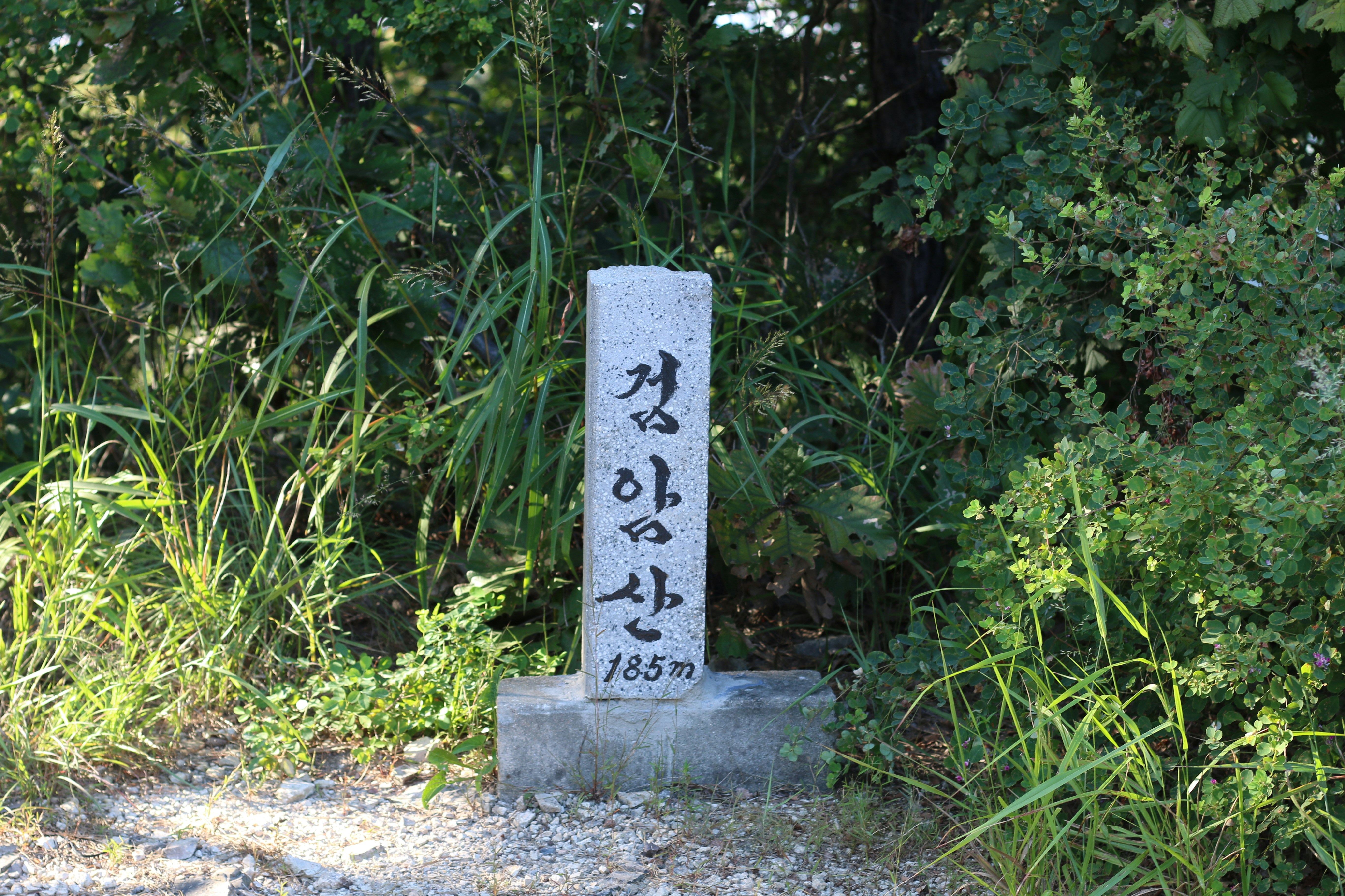 숲속에 세워진 돌 표지석에 한글과 함께 해발 185m라는 숫자가 새겨져 있다.