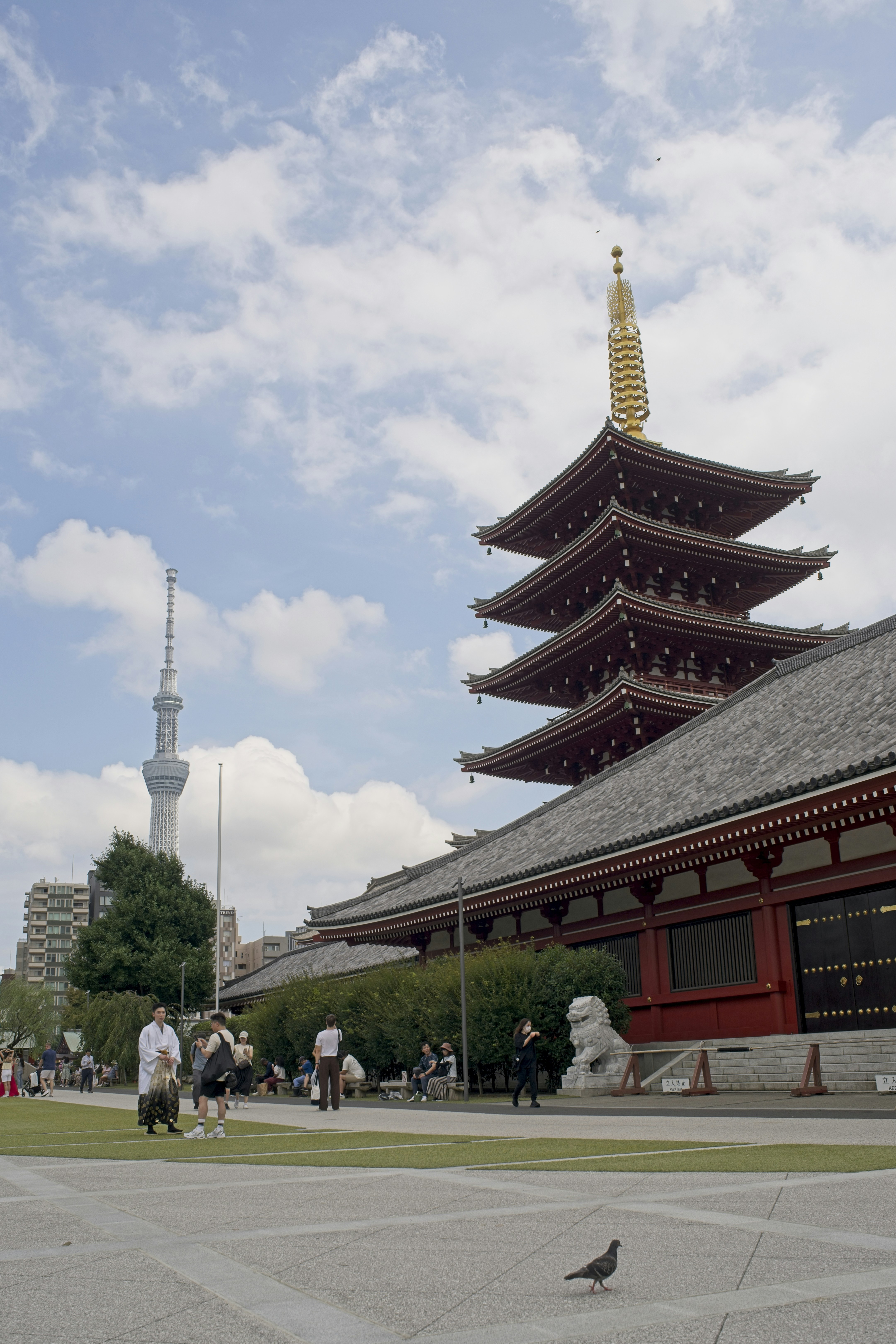 A red pagoda and temple building with Tokyo Skytree in the background